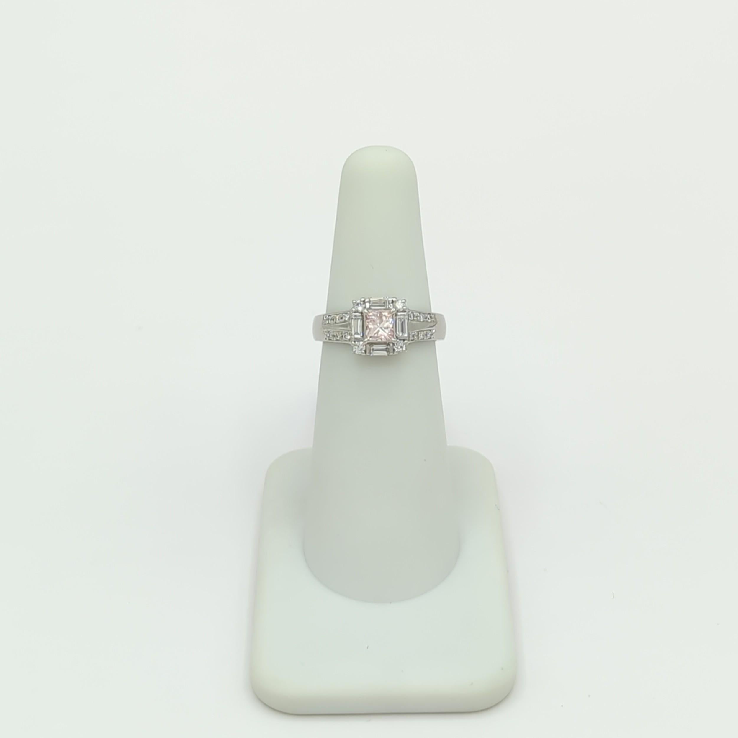 Women's or Men's Natural Pink Diamond Princess Cut and White Diamond Ring in Platinum For Sale