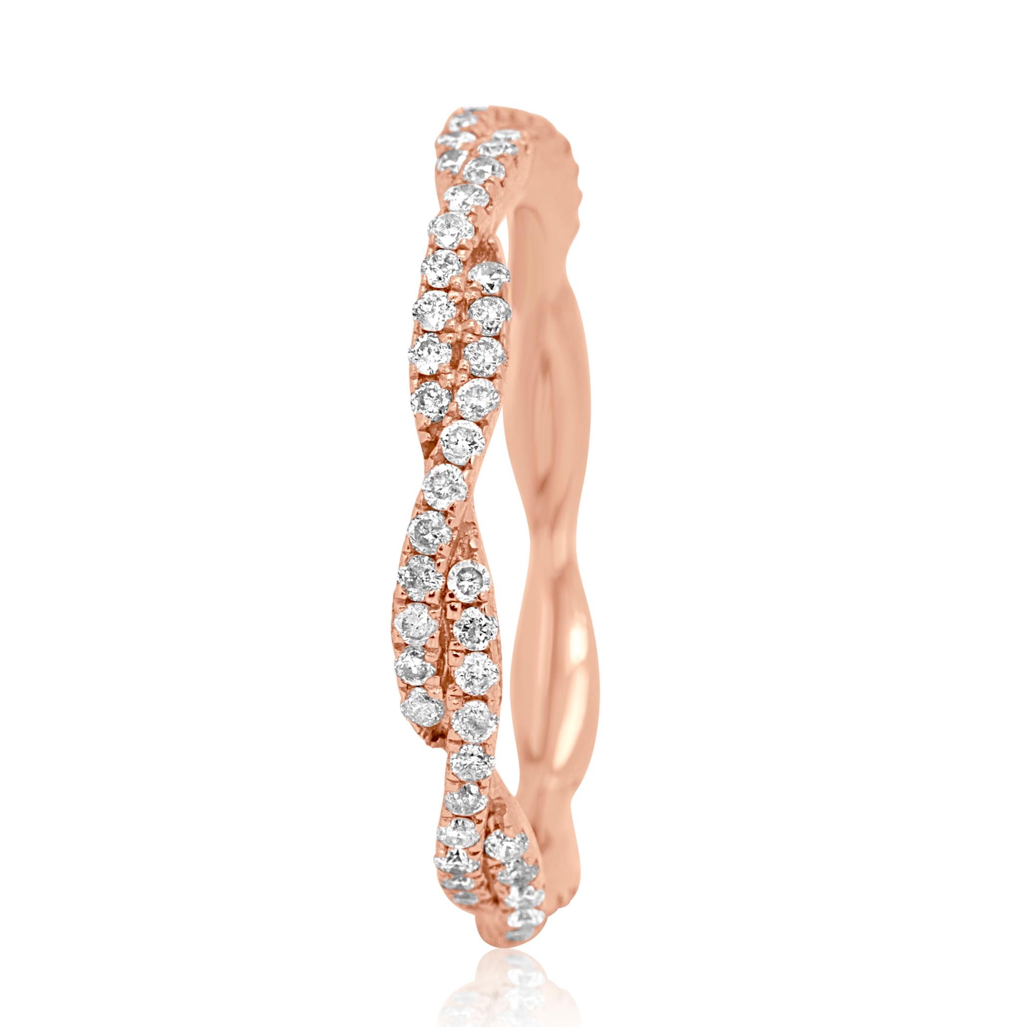 Round Cut Natural Pink Diamond Twisted Rope Style Rose Gold Stackable Band Fashion Ring