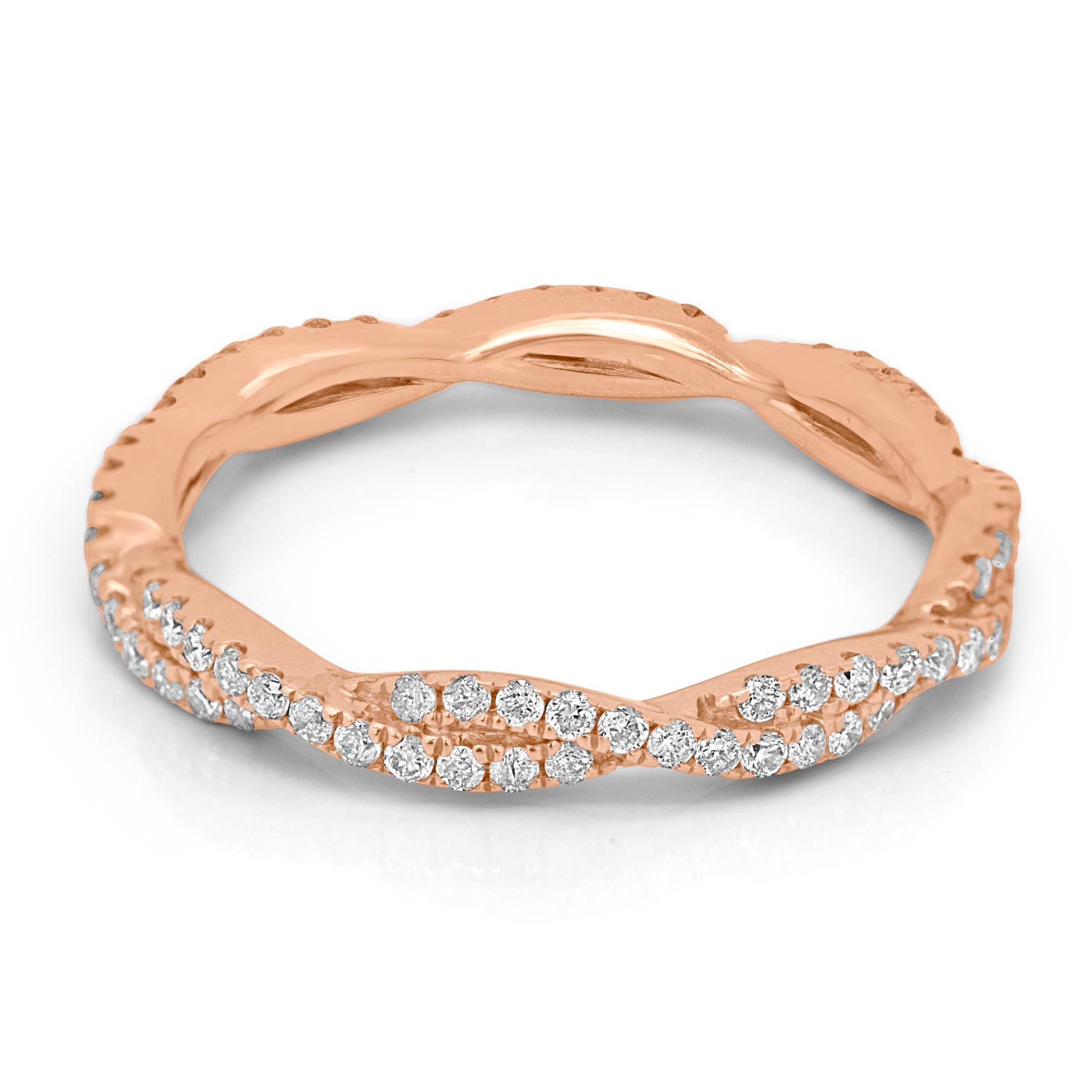 Natural Pink Diamond Twisted Rope Style Rose Gold Stackable Band Fashion Ring In New Condition In NEW YORK, NY
