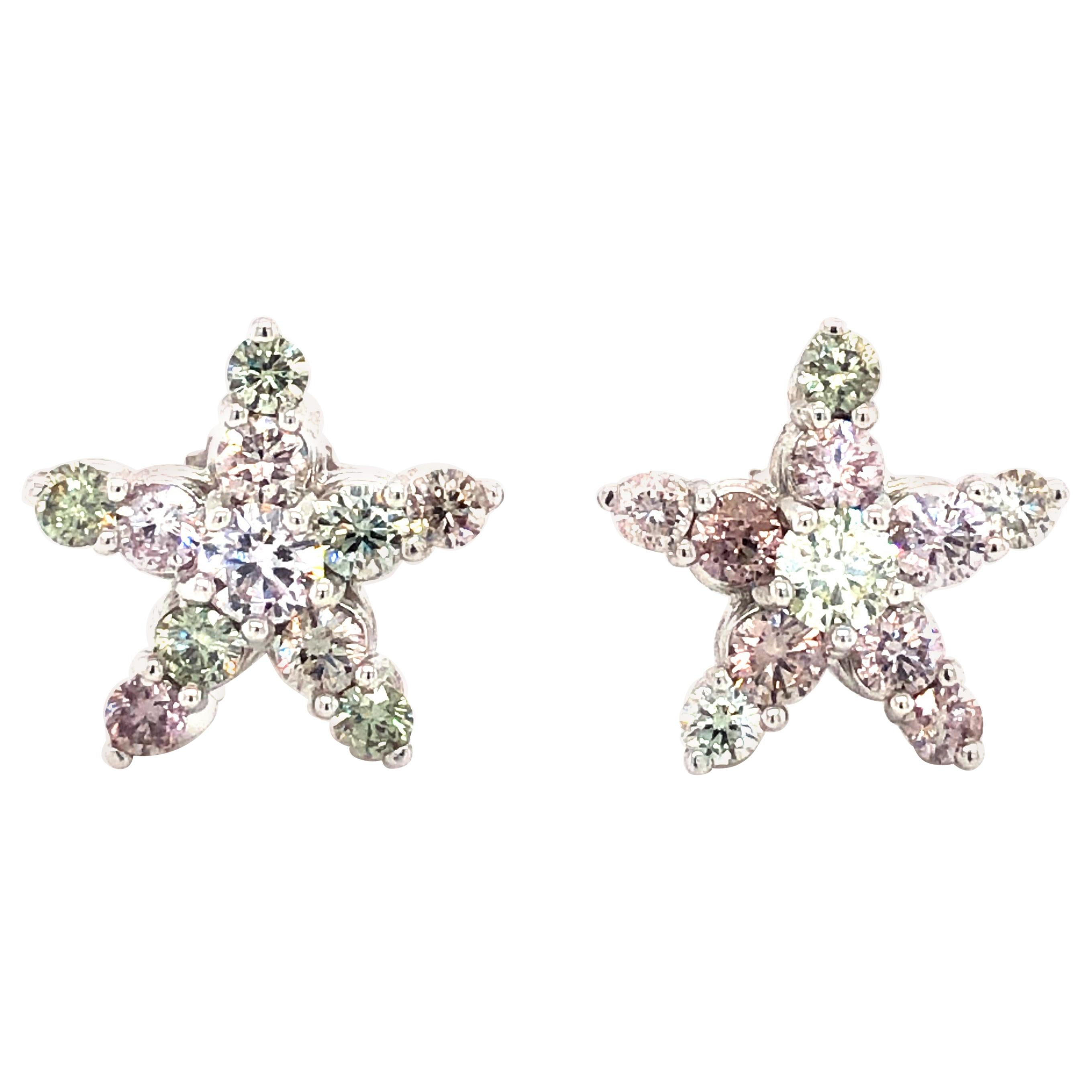 Natural Pink, Green and White Diamonds Star Earrings, G.I.A Certified 18kt Gold