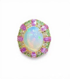 Natural Pink & Green sapphire, Opal & Diamond Ring in 18k Gold