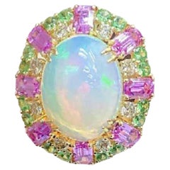 Natural Pink & Green sapphire, Opal & Diamond Ring in 18k Gold