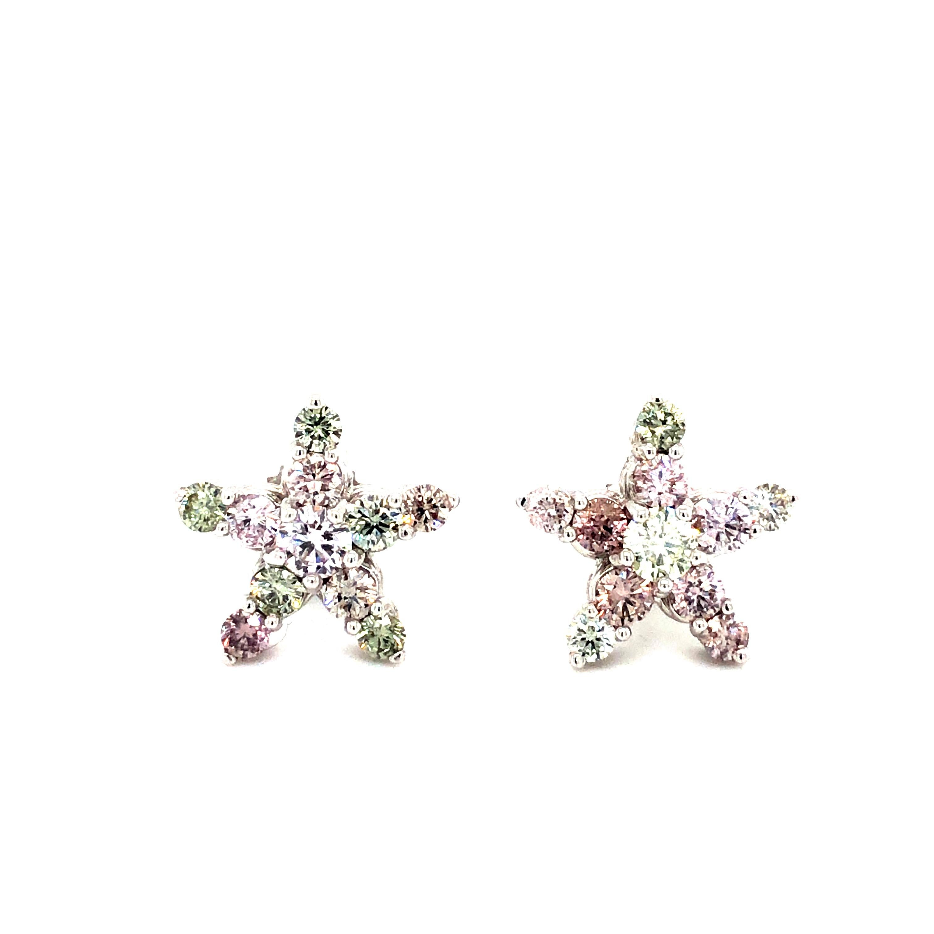 Round Cut Natural Pink, Green and White Diamonds Star Earrings, G.I.A Certified 18kt Gold