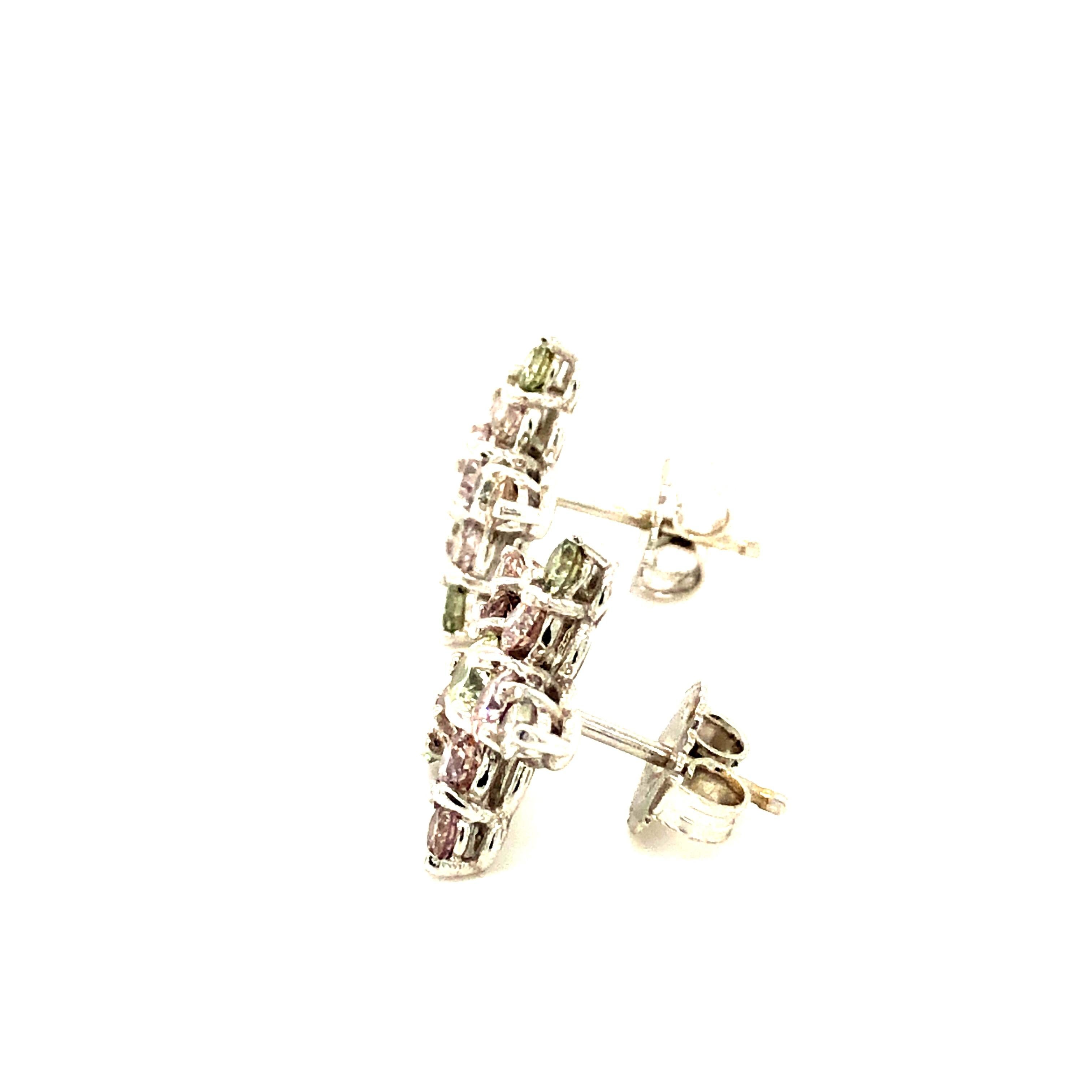 Women's or Men's Natural Pink, Green and White Diamonds Star Earrings, G.I.A Certified 18kt Gold