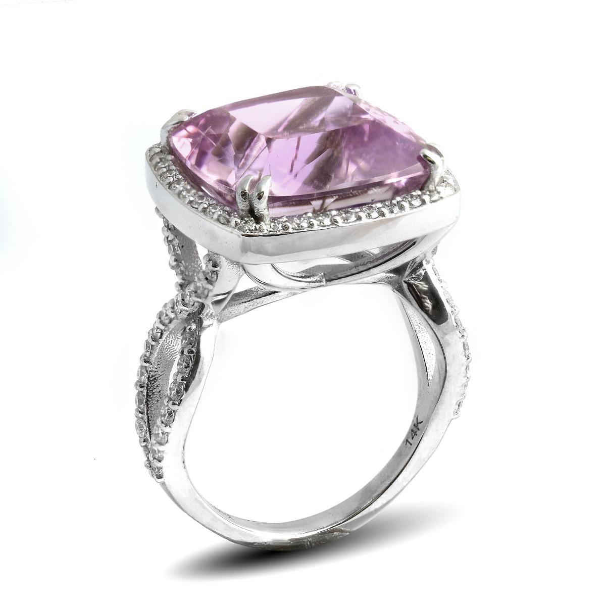Mixed Cut Natural Pink Kunzite Stone 14.01 carats set in 14K White Gold Ring with Diamonds For Sale