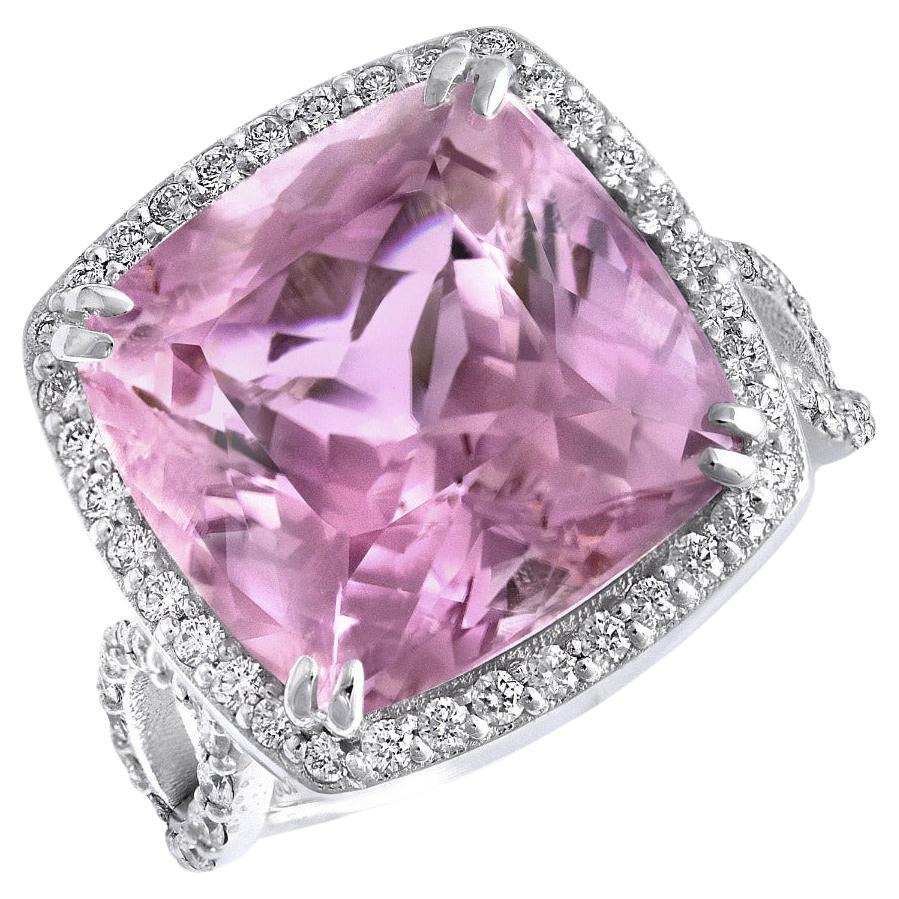 Natural Pink Kunzite Stone 14.01 carats set in 14K White Gold Ring with Diamonds