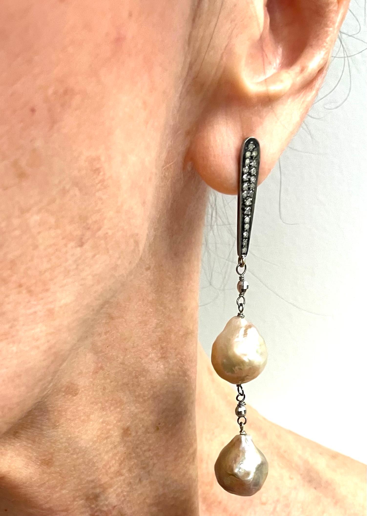 Natural Pink Large Freshwater Pearls with Diamonds Earrings For Sale 5