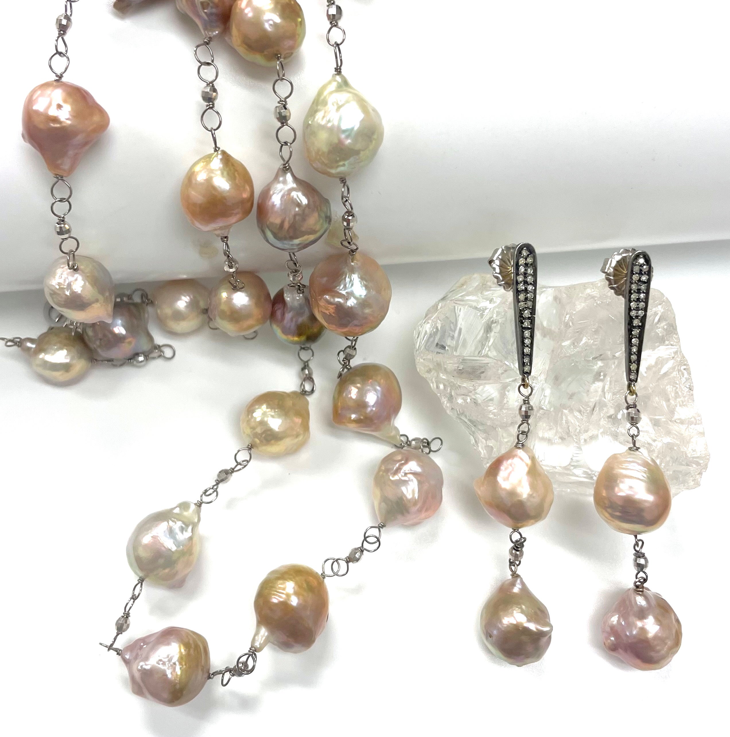 Artisan Natural Pink Large Freshwater Pearls with Diamonds Earrings For Sale