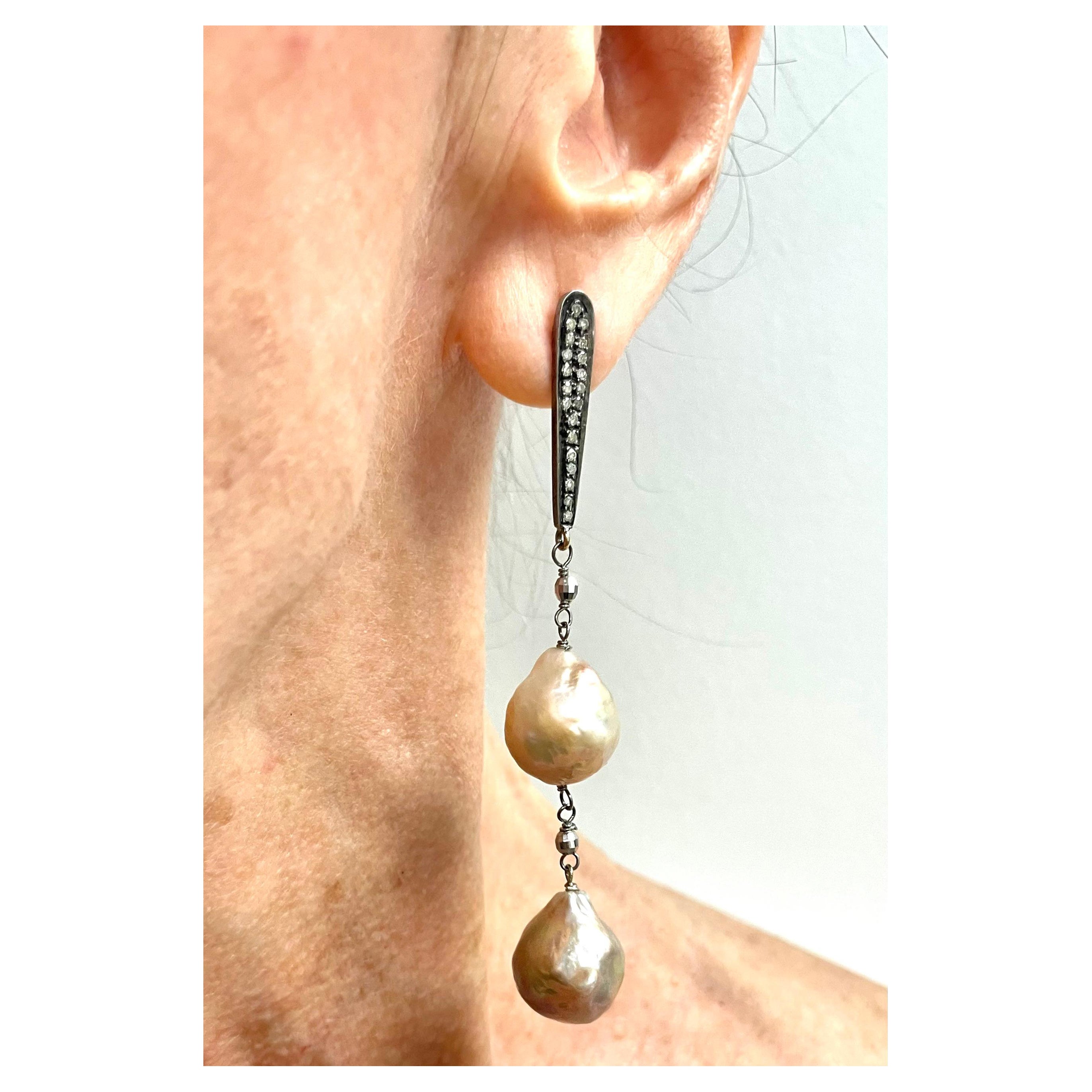 Natural Pink Large Freshwater Pearls with Diamonds Earrings For Sale