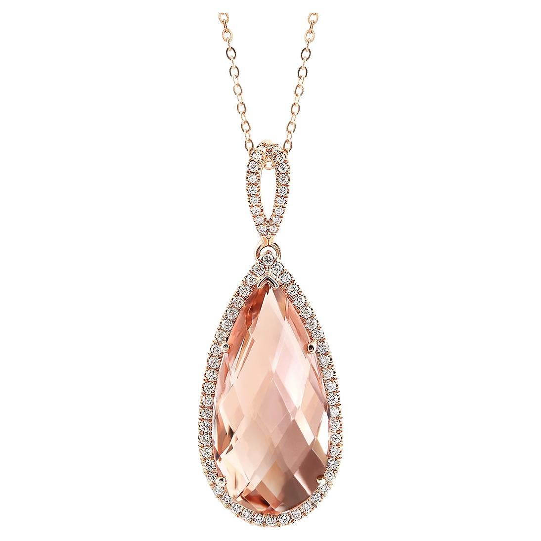 Natural Pink Morganite Gemstone 8.62 cts in 14K Rose Gold Pendant with Diamonds