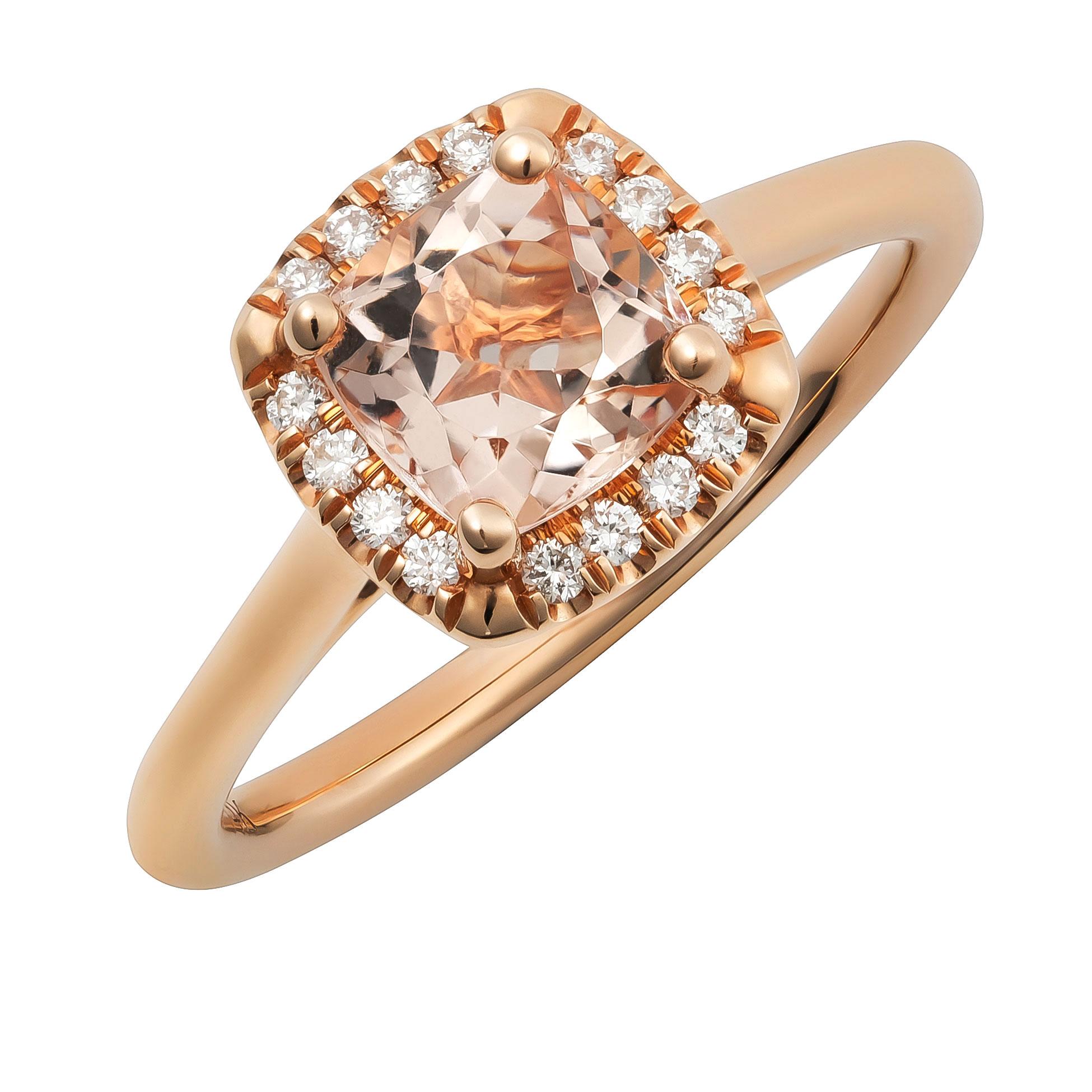 Discover the soft elegance of this 14K rose gold ring, featuring a delicate natural morganite accented by sparkling diamonds. The gentle pink hue of the cushion-cut morganite, paired with brilliant diamonds, creates a refined piece perfect for any