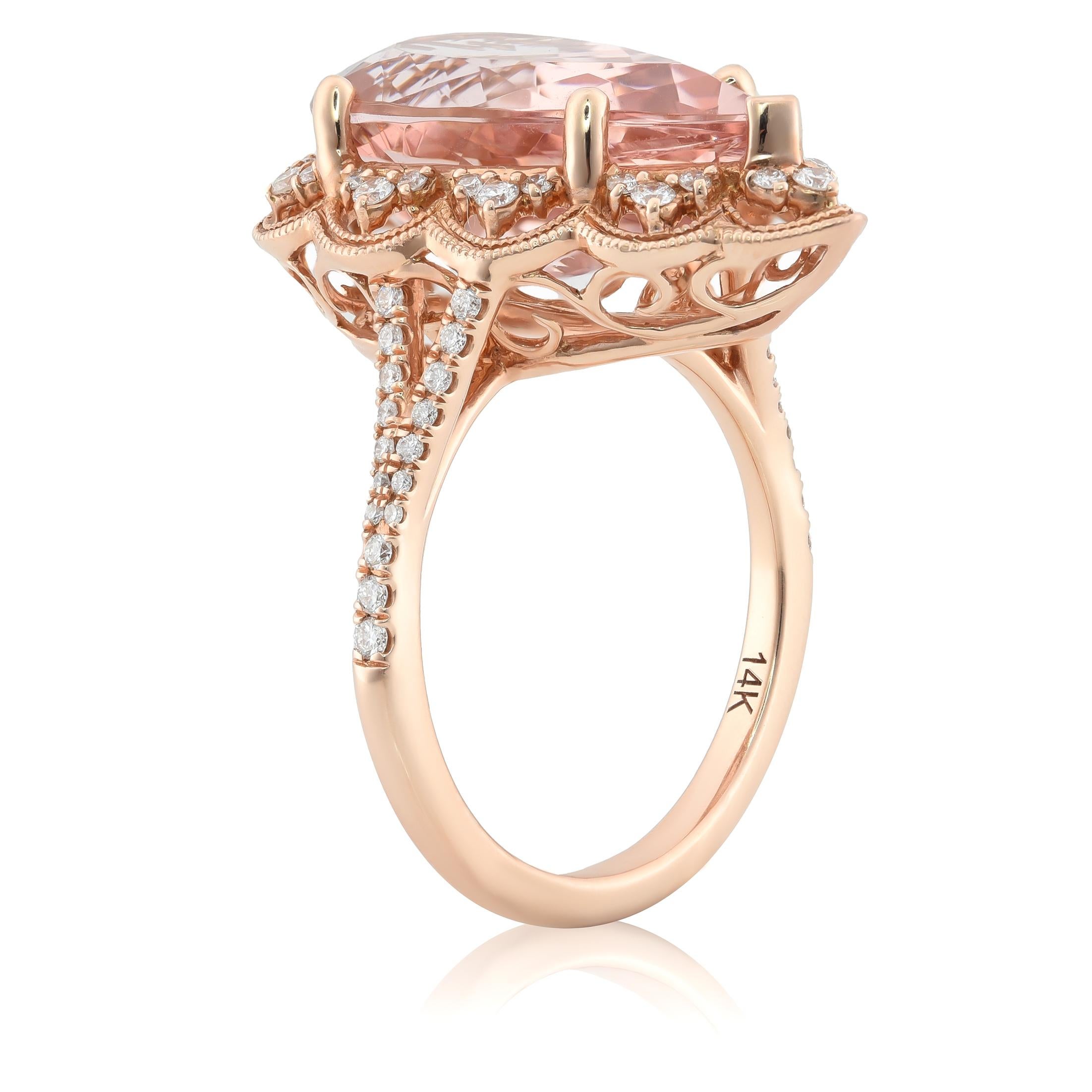 Mixed Cut Natural Pink Morganite Gemstone 7.19 cts in 14K Rose Gold Ring with Diamonds