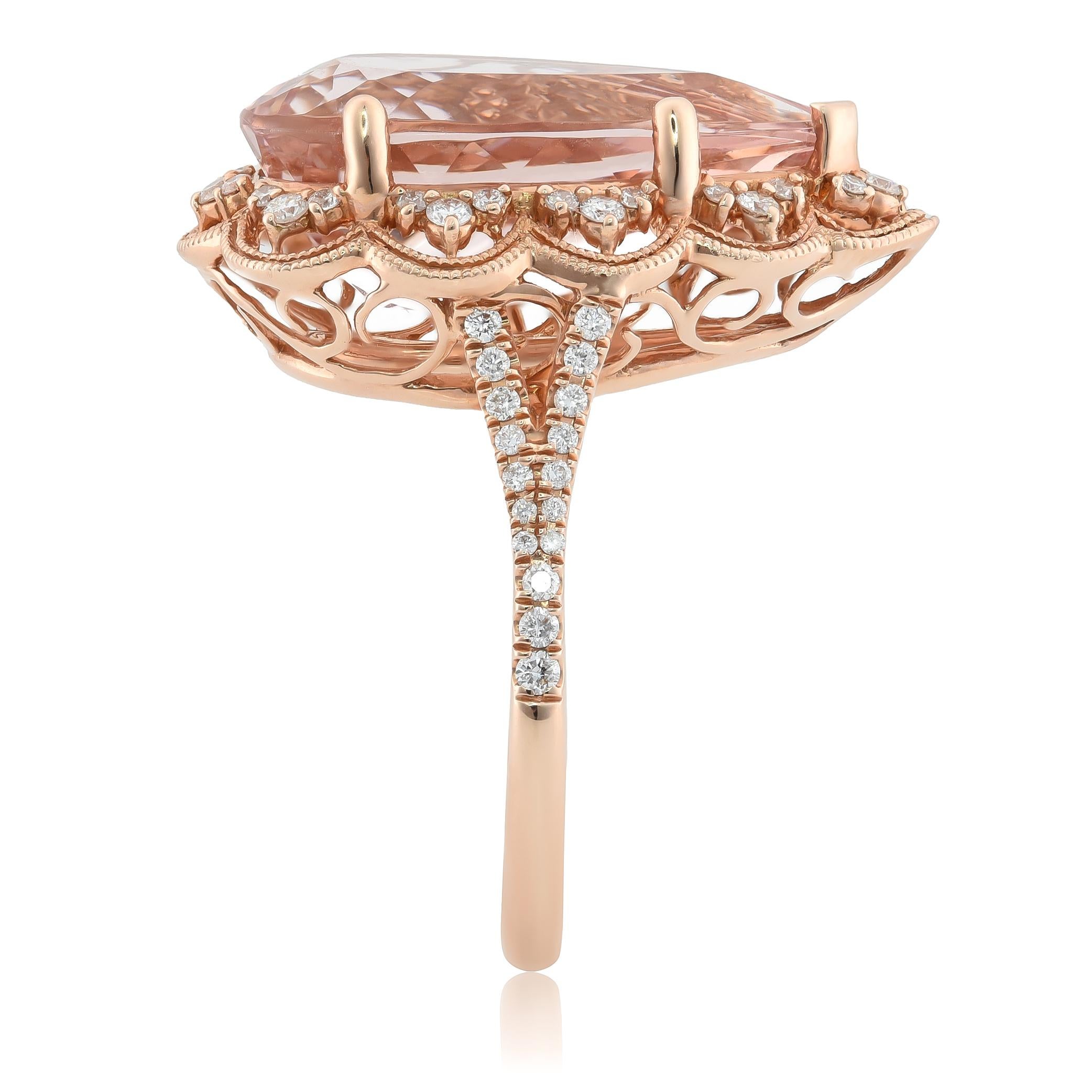 Natural Pink Morganite Gemstone 7.19 cts in 14K Rose Gold Ring with Diamonds In New Condition In Los Angeles, CA