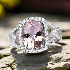 Natural Pink Morganite Ovals Halo Ring in 925 Sterling Silver Bridal Ring