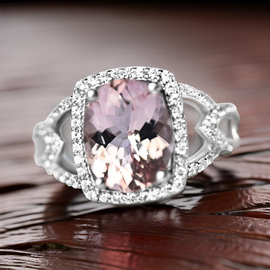 Art Deco Natural Pink Morganite Ovals Halo Ring in 925 Sterling Silver Bridal Ring For Sale