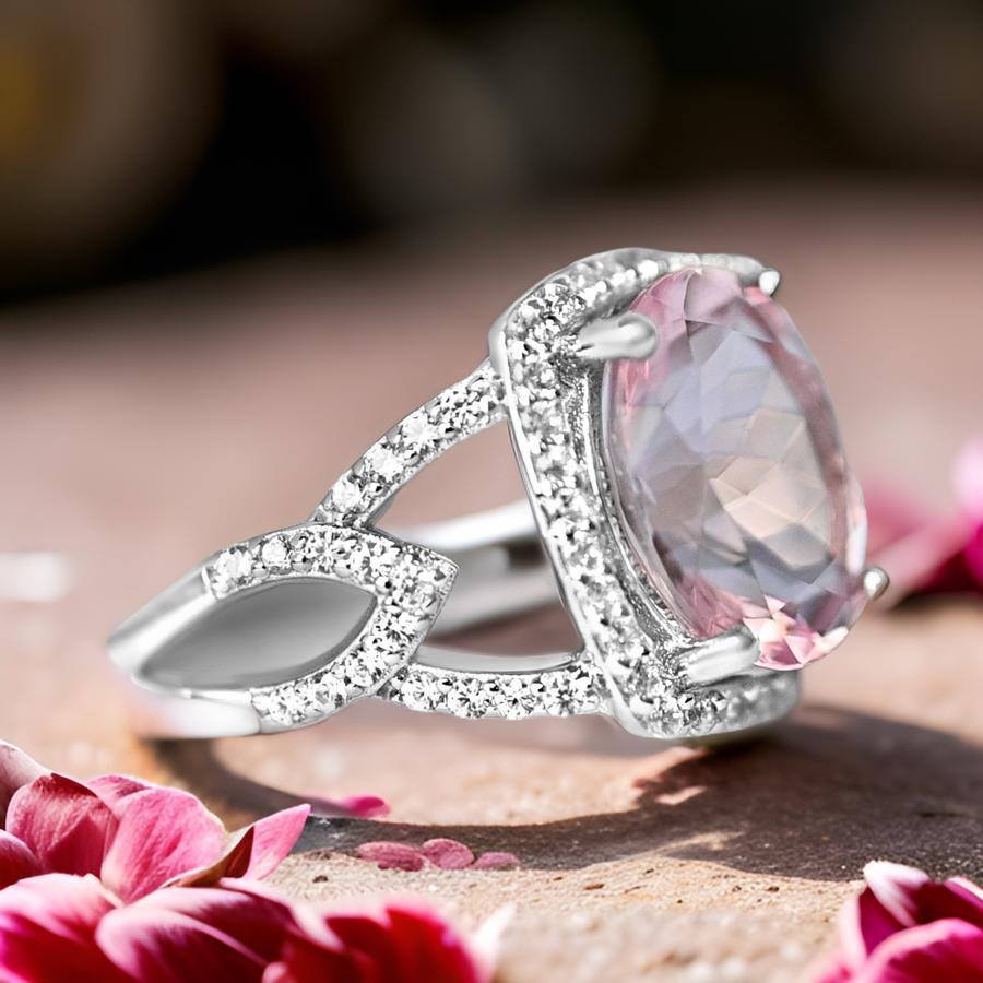 Oval Cut Natural Pink Morganite Ovals Halo Ring in 925 Sterling Silver Bridal Ring For Sale