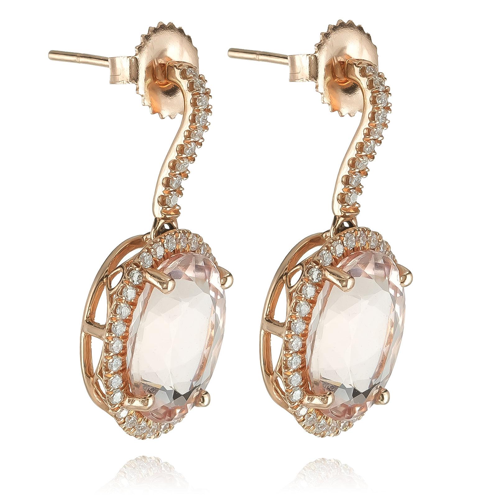 Mixed Cut Natural Pink Morganite Stones 7.75 carats in 14K Rose Gold Earrings w Diamonds For Sale