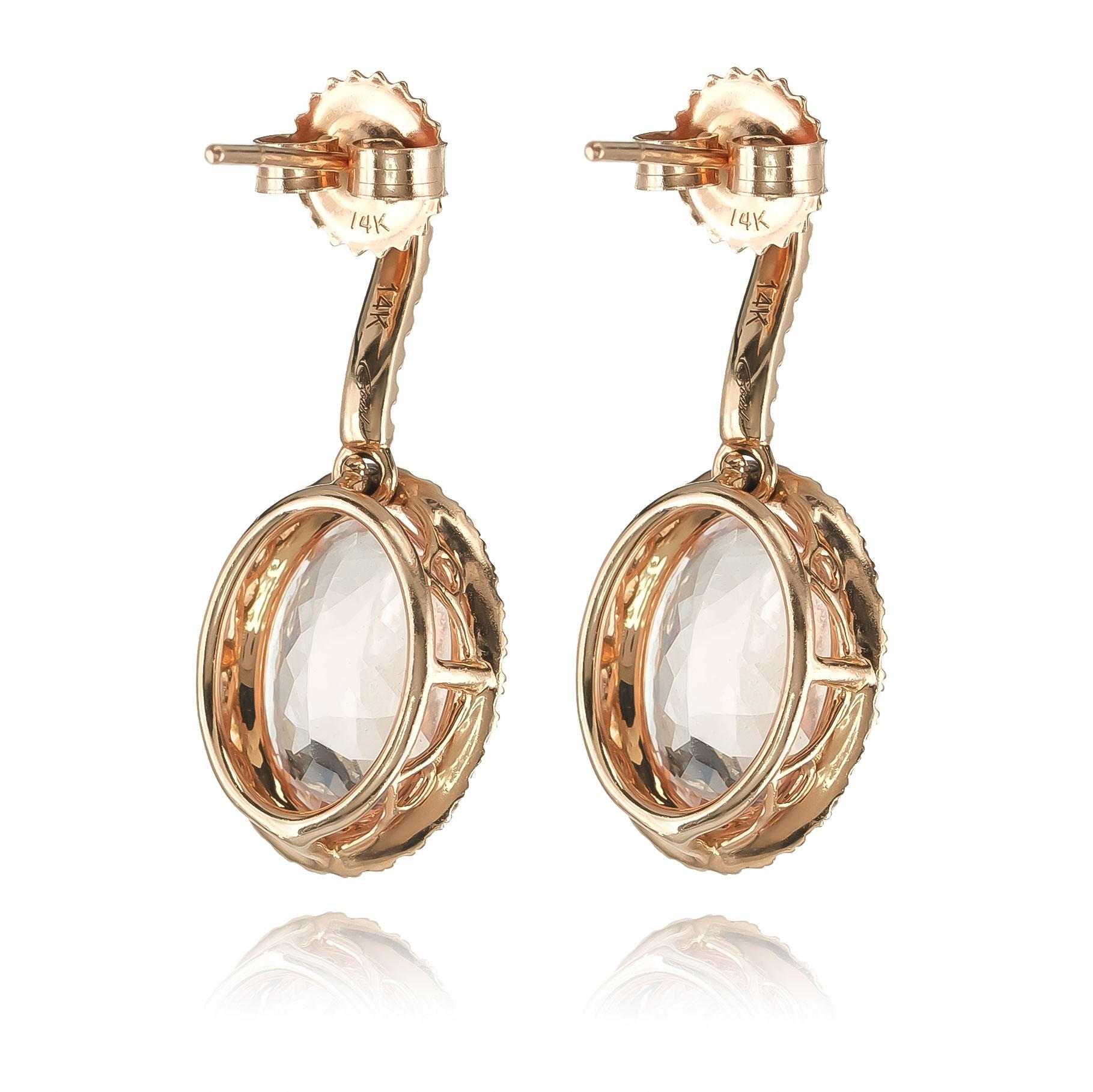 Natural Pink Morganite Stones 7.75 carats in 14K Rose Gold Earrings w Diamonds In New Condition For Sale In Los Angeles, CA