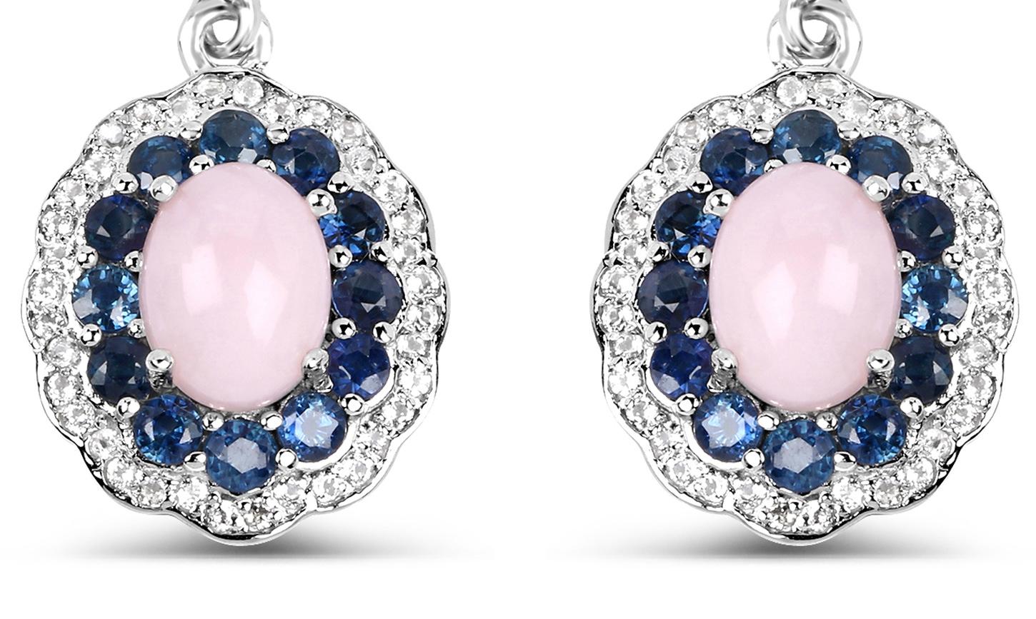 It comes with the appraisal by GIA GG/AJP 
Stones: Pink Opal, Blue Sapphire, White Topaz
Pink Opal = 2.20 Carats
Cut: Oval, Cabochon
Blue Sapphire = 1.50 Carats
Cut: Round
White Topaz = 0.35 Carats
Total Quantity Of Stones: 98
Metal: Silver
Rhodium