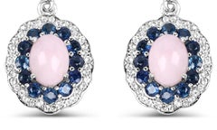 Natural Pink Opal & Blue Sapphire Dangle Earrings Rhodium Plated Silver