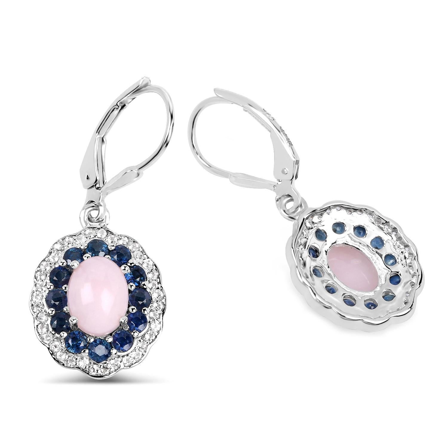Art Deco Natural Pink Opal & Blue Sapphire Dangle Earrings Rhodium Plated Silver For Sale