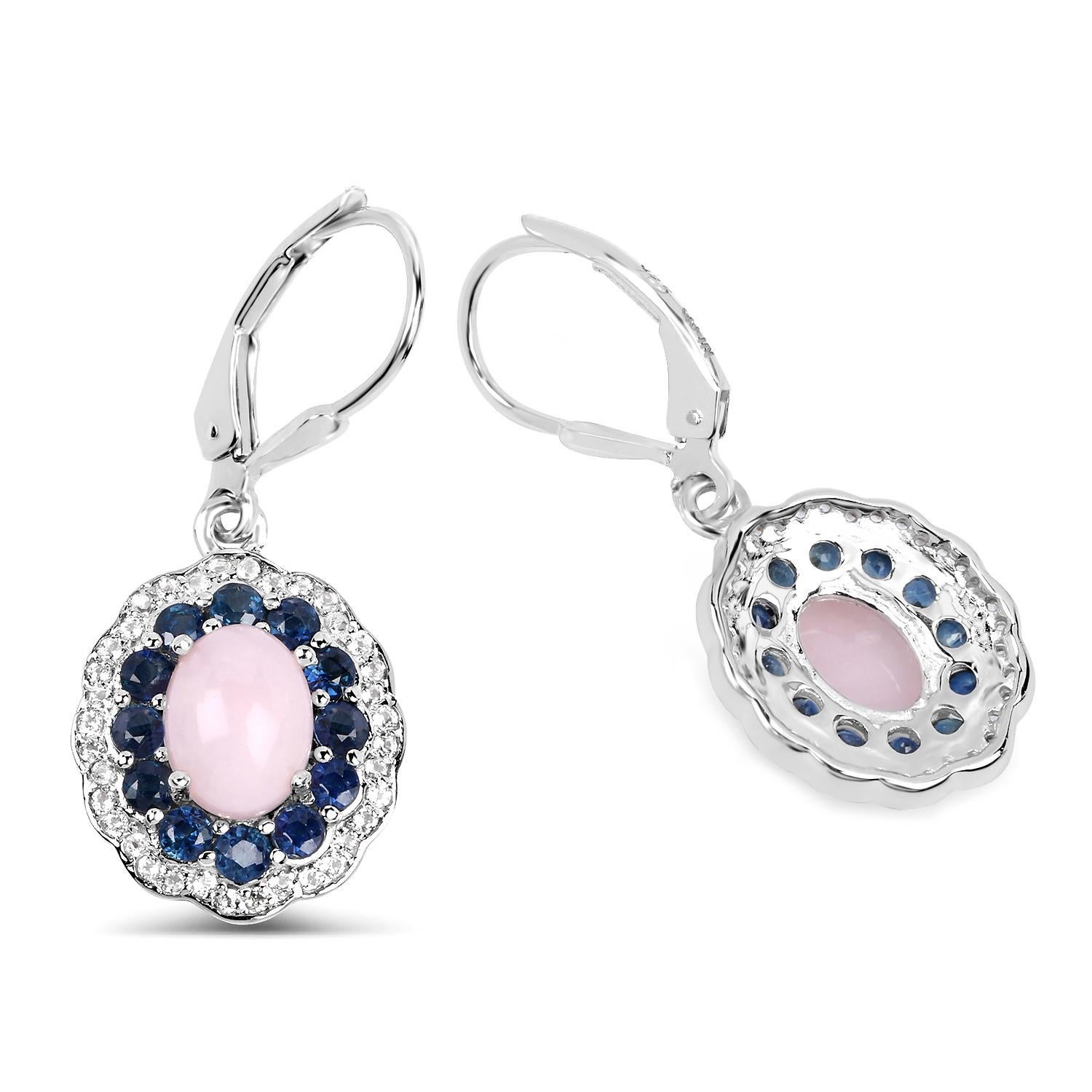 Art Déco Natural Pink Opal & Blue Sapphire Dangle Earrings Rhodium Plated Silver in vendita
