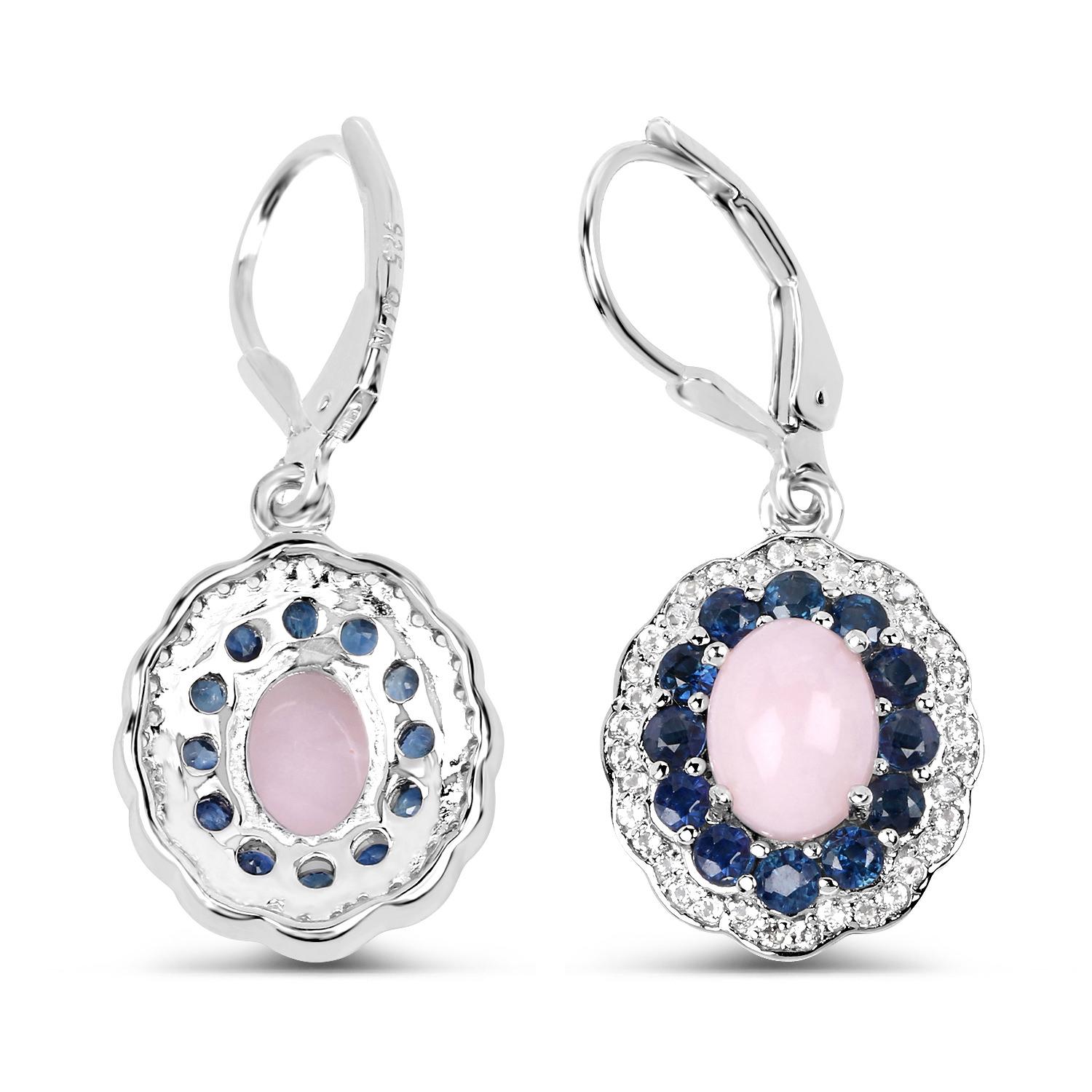 Mixed Cut Natural Pink Opal & Blue Sapphire Dangle Earrings Rhodium Plated Silver For Sale