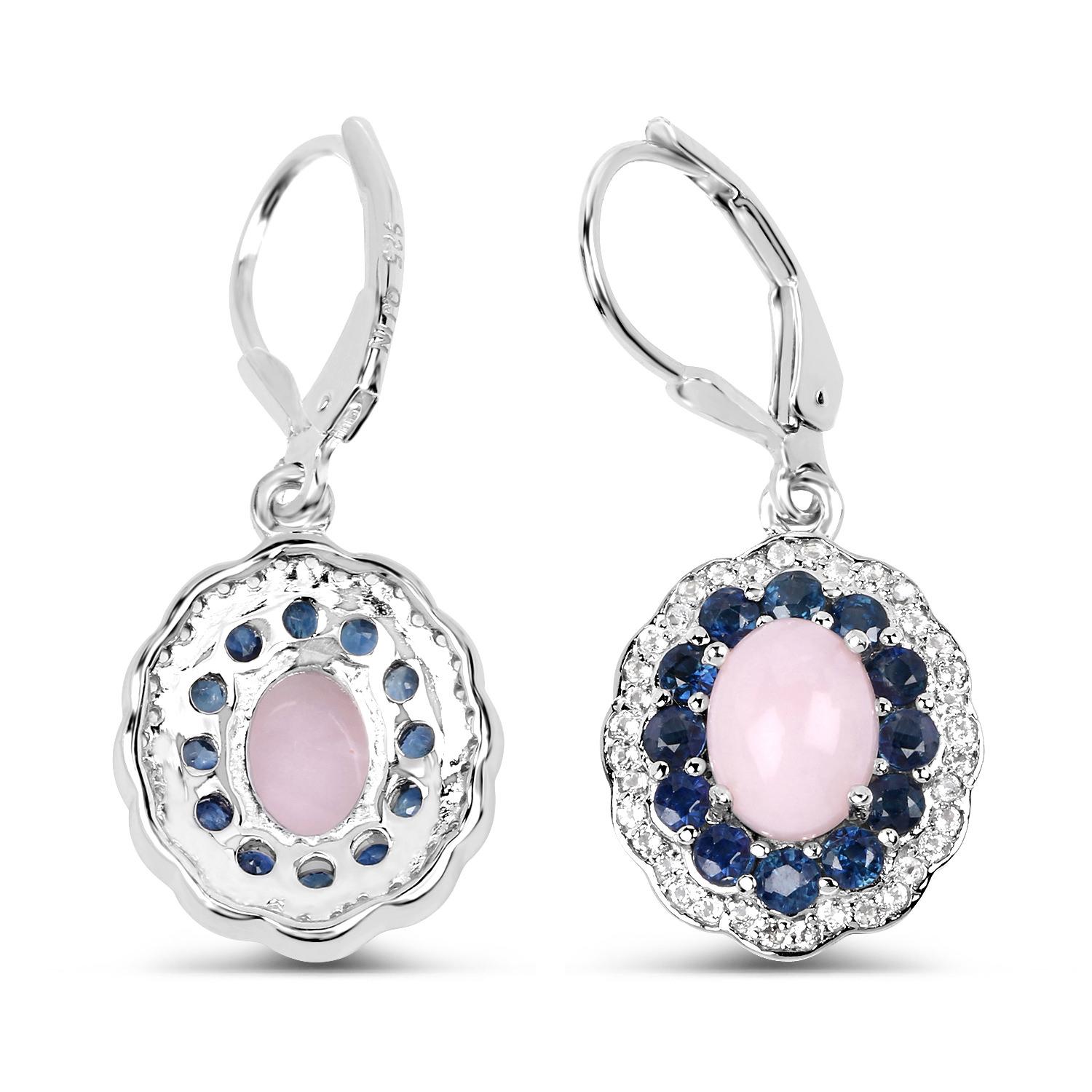 Taglio misto Natural Pink Opal & Blue Sapphire Dangle Earrings Rhodium Plated Silver in vendita