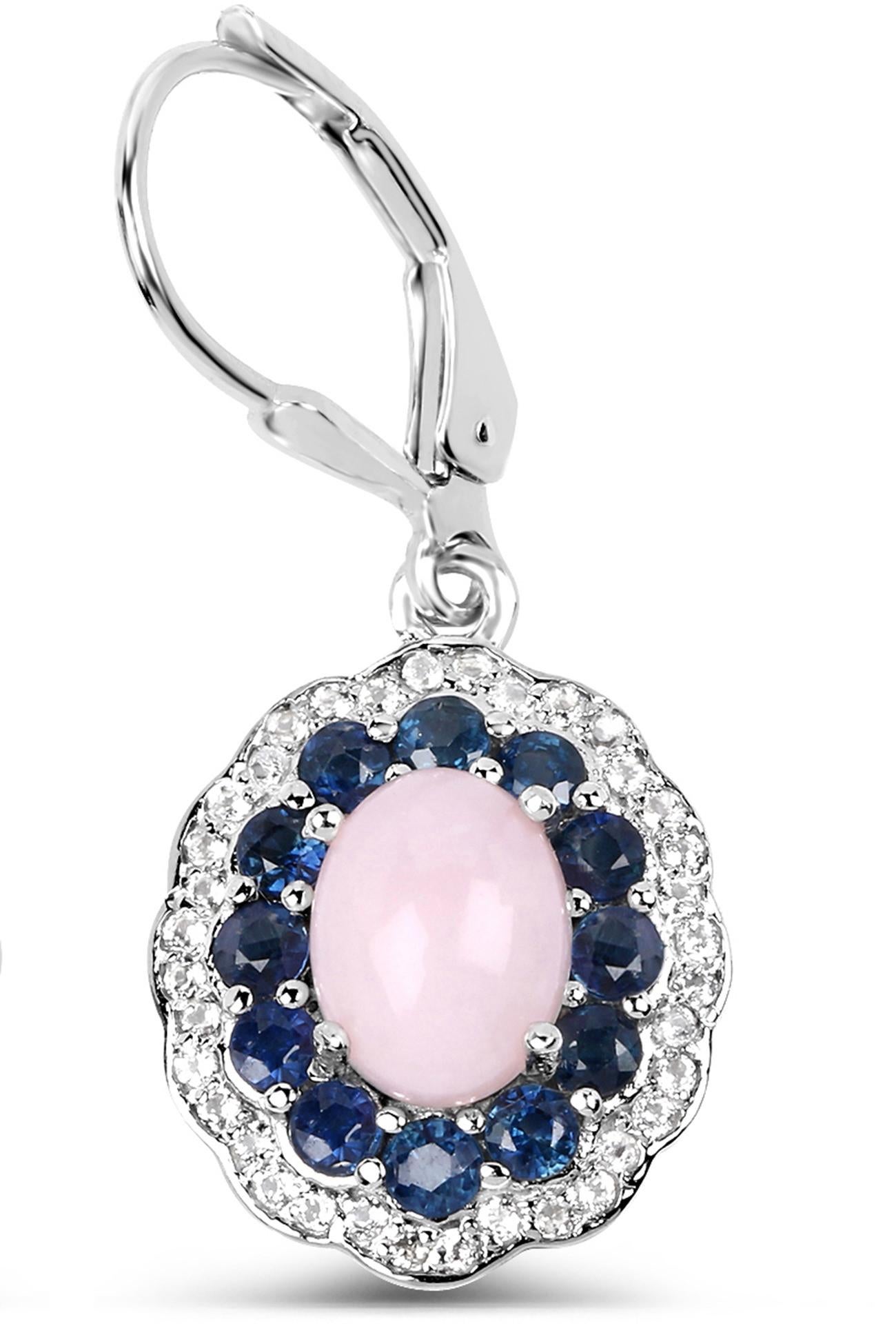 Natural Pink Opal & Blue Sapphire Dangle Earrings Rhodium Plated Silver In Excellent Condition For Sale In Laguna Niguel, CA
