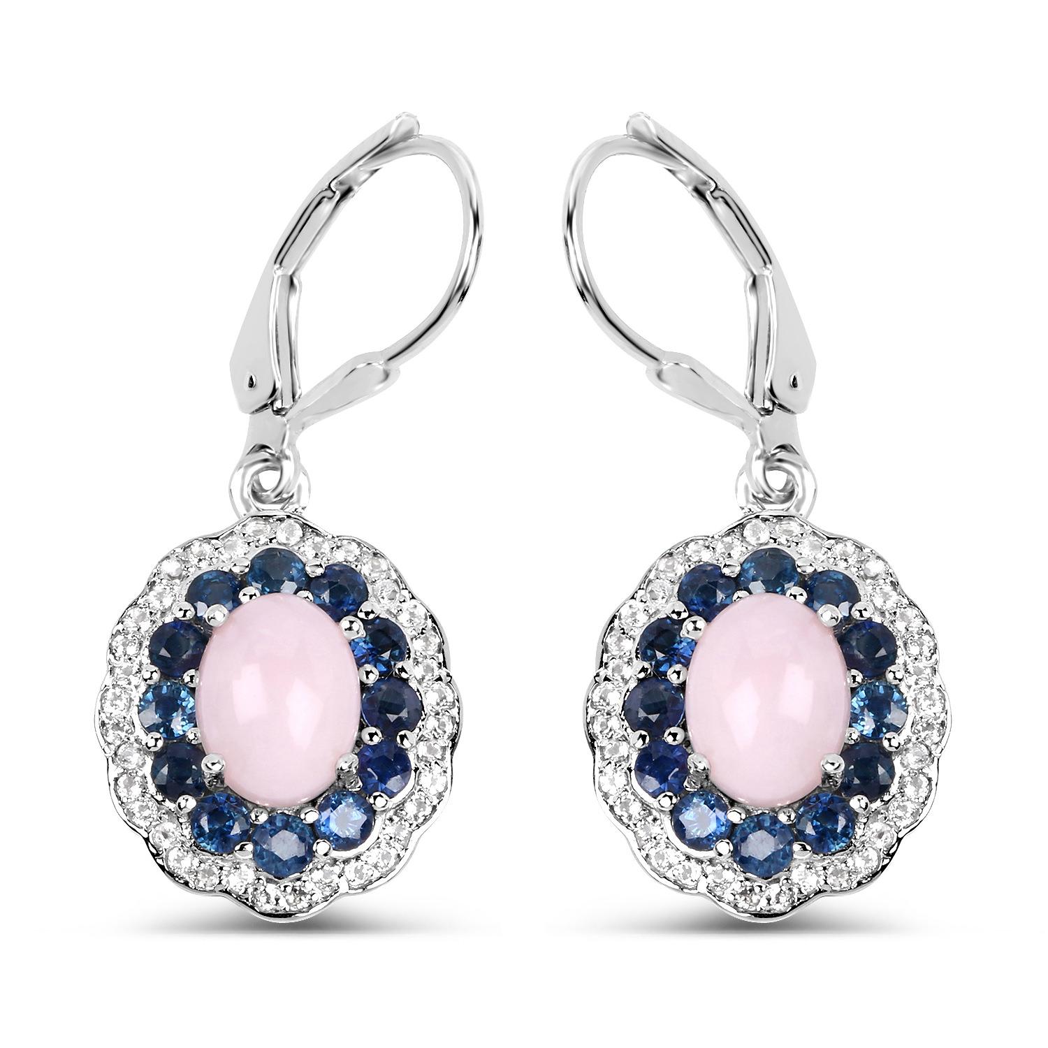 Women's Natural Pink Opal & Blue Sapphire Dangle Earrings Rhodium Plated Silver For Sale