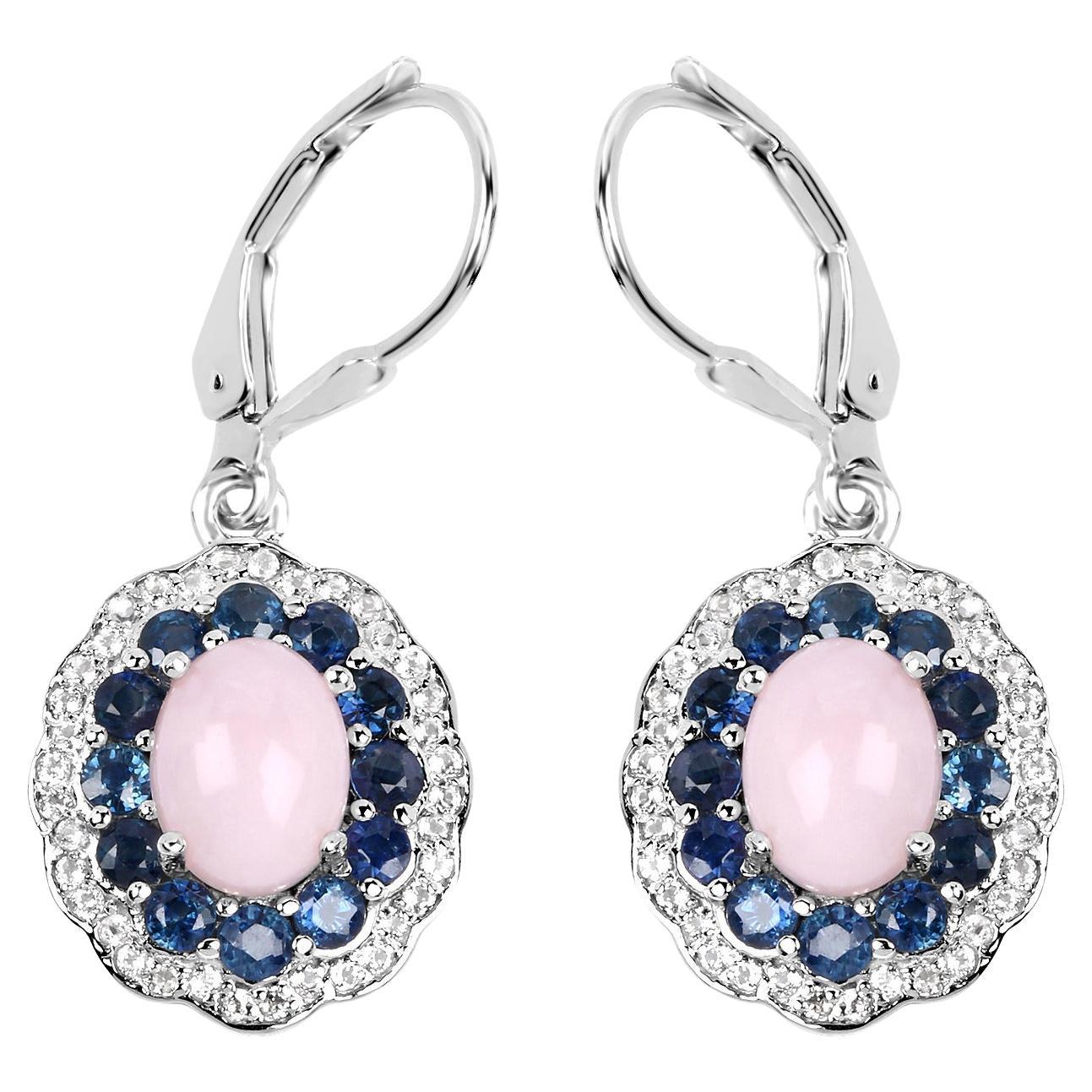 Natural Pink Opal & Blue Sapphire Dangle Earrings Rhodium Plated Silver