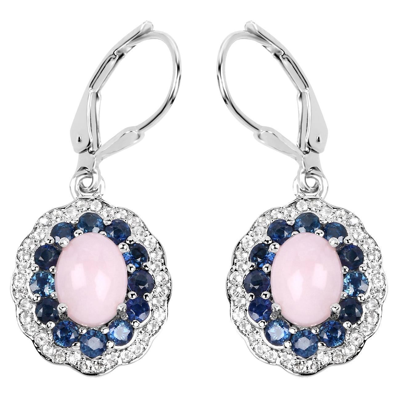 Pendants d'oreilles en argent plaqué rhodium avec opale rose naturelle et saphir bleu