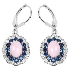 Natural Pink Opal & Blue Sapphire Dangle Earrings Rhodium Plated Silver