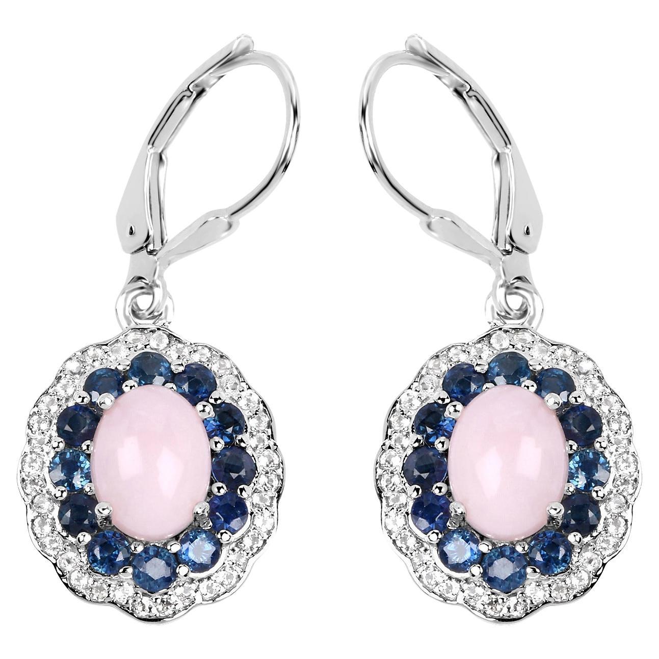 Natural Pink Opal & Blue Sapphire Dangle Earrings Rhodium Plated Silver For Sale