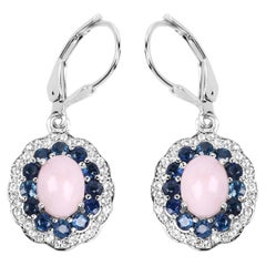 Pendants d'oreilles en argent plaqué rhodium avec opale rose naturelle et saphir bleu