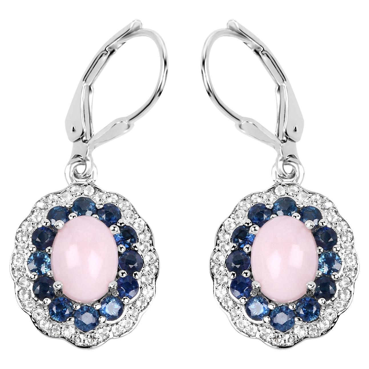 Natural Pink Opal & Blue Sapphire Dangle Earrings Rhodium Plated Silver For Sale