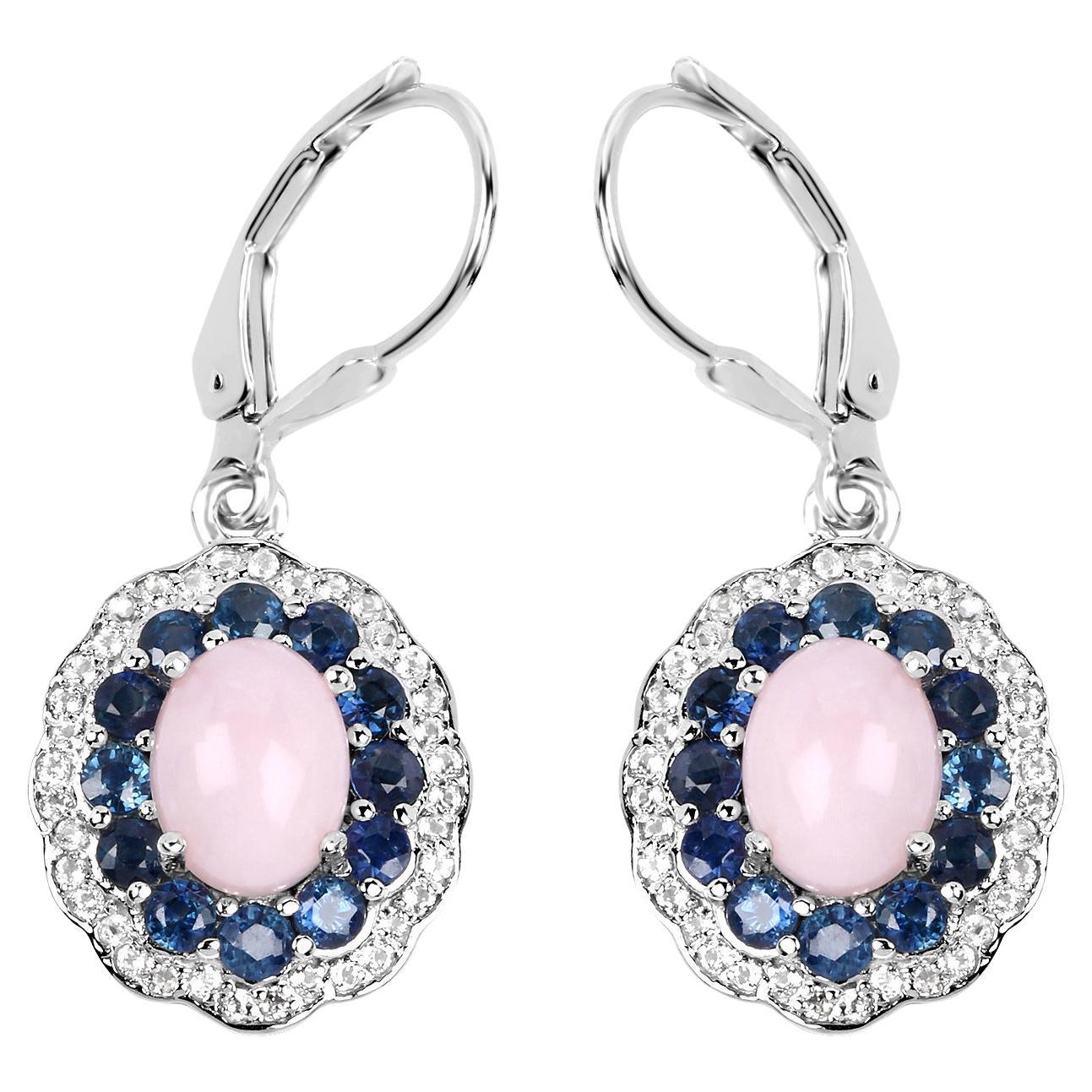 Natural Pink Opal & Blue Sapphire Dangle Earrings Rhodium Plated Silver