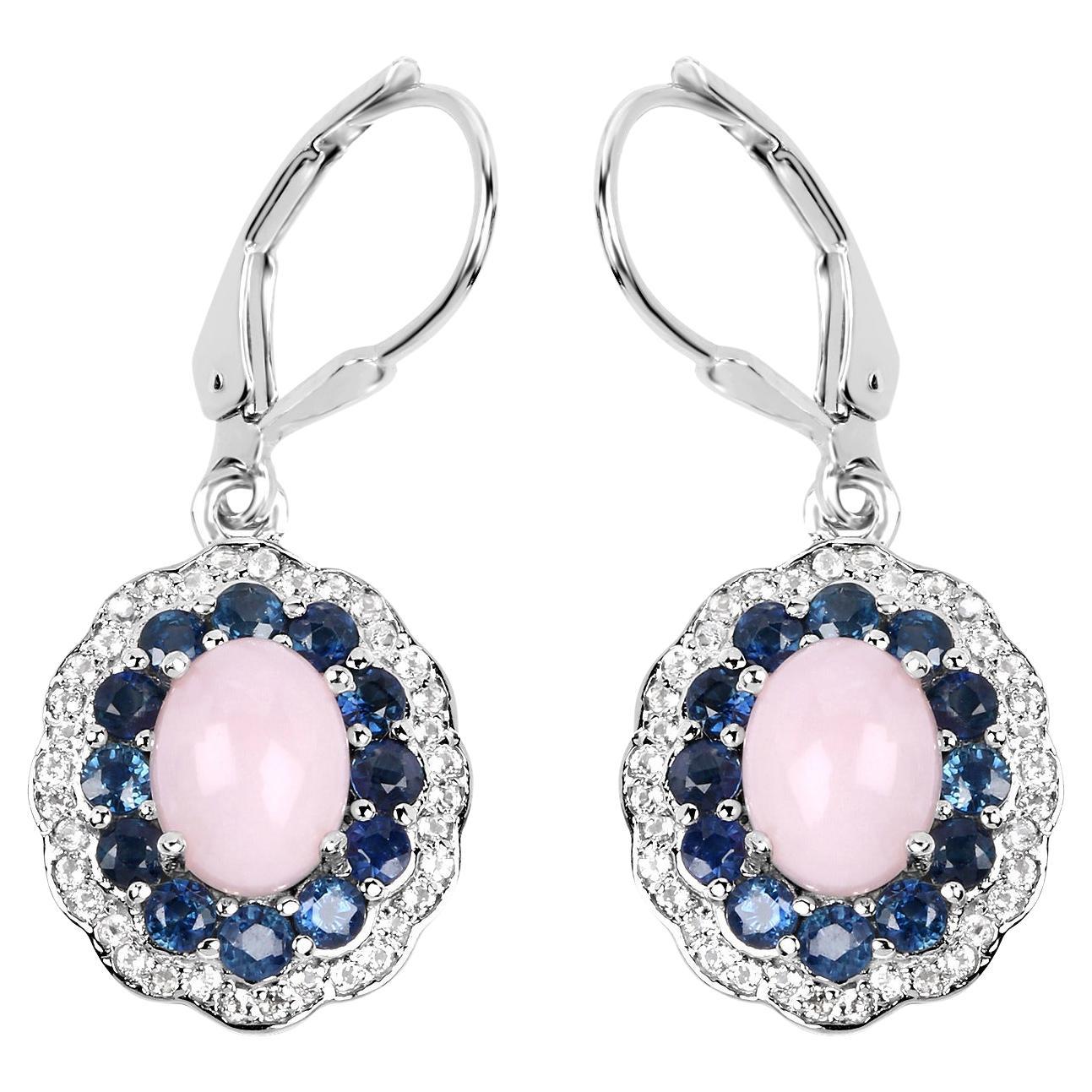 Orecchini pendenti con opale rosa naturale e zaffiro blu Argento placcato in rodio