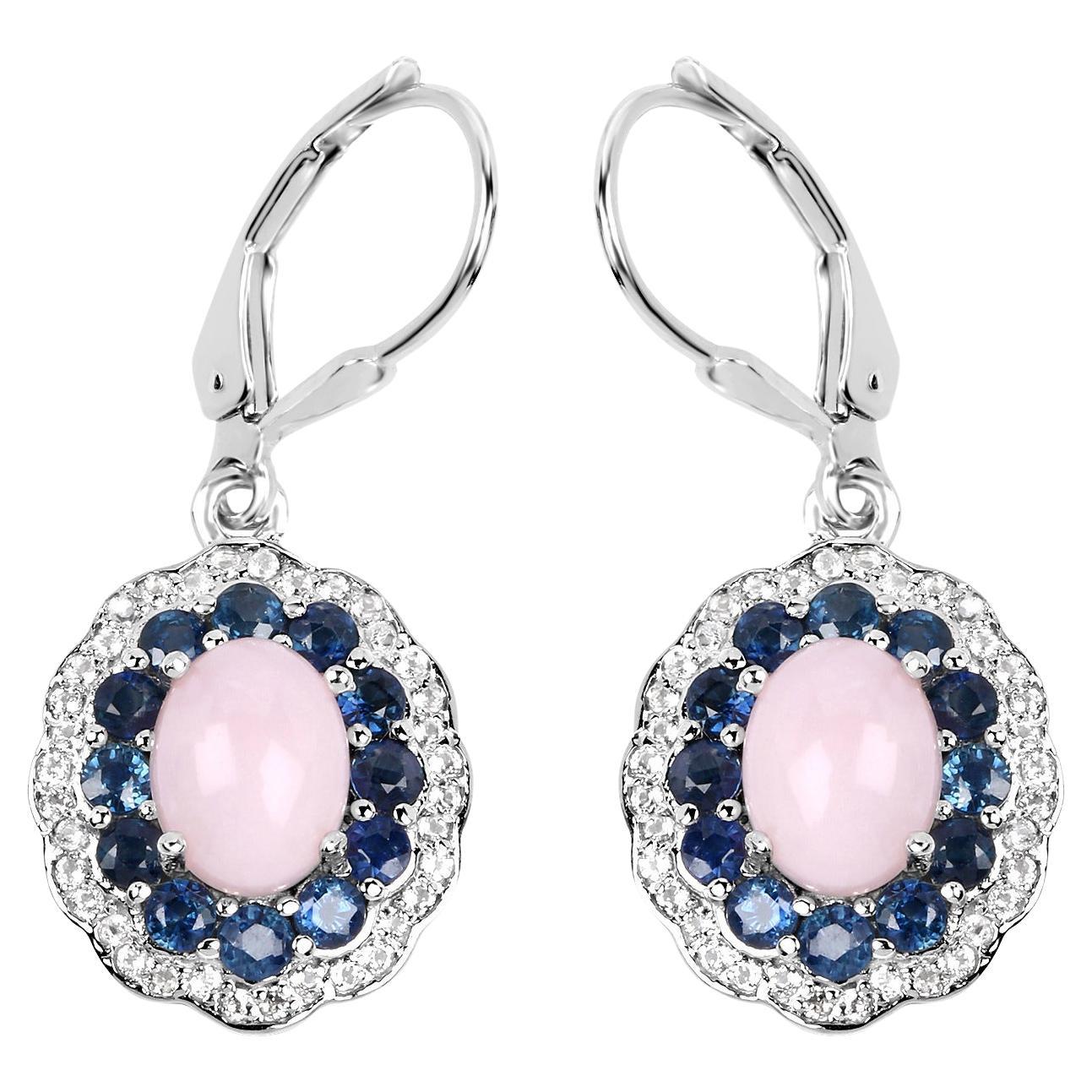 Natural Pink Opal & Blue Sapphire Dangle Earrings Rhodium Plated Silver For Sale