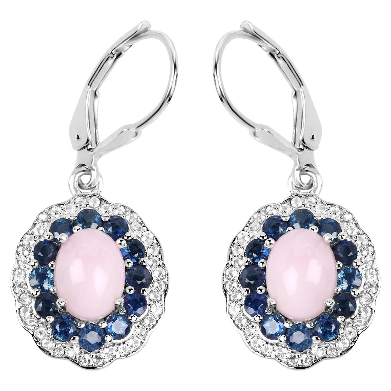 Natural Pink Opal & Blue Sapphire Dangle Earrings Rhodium Plated Silver