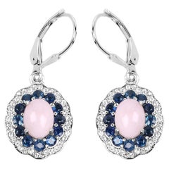 Natural Pink Opal & Blue Sapphire Dangle Earrings Rhodium Plated Silver