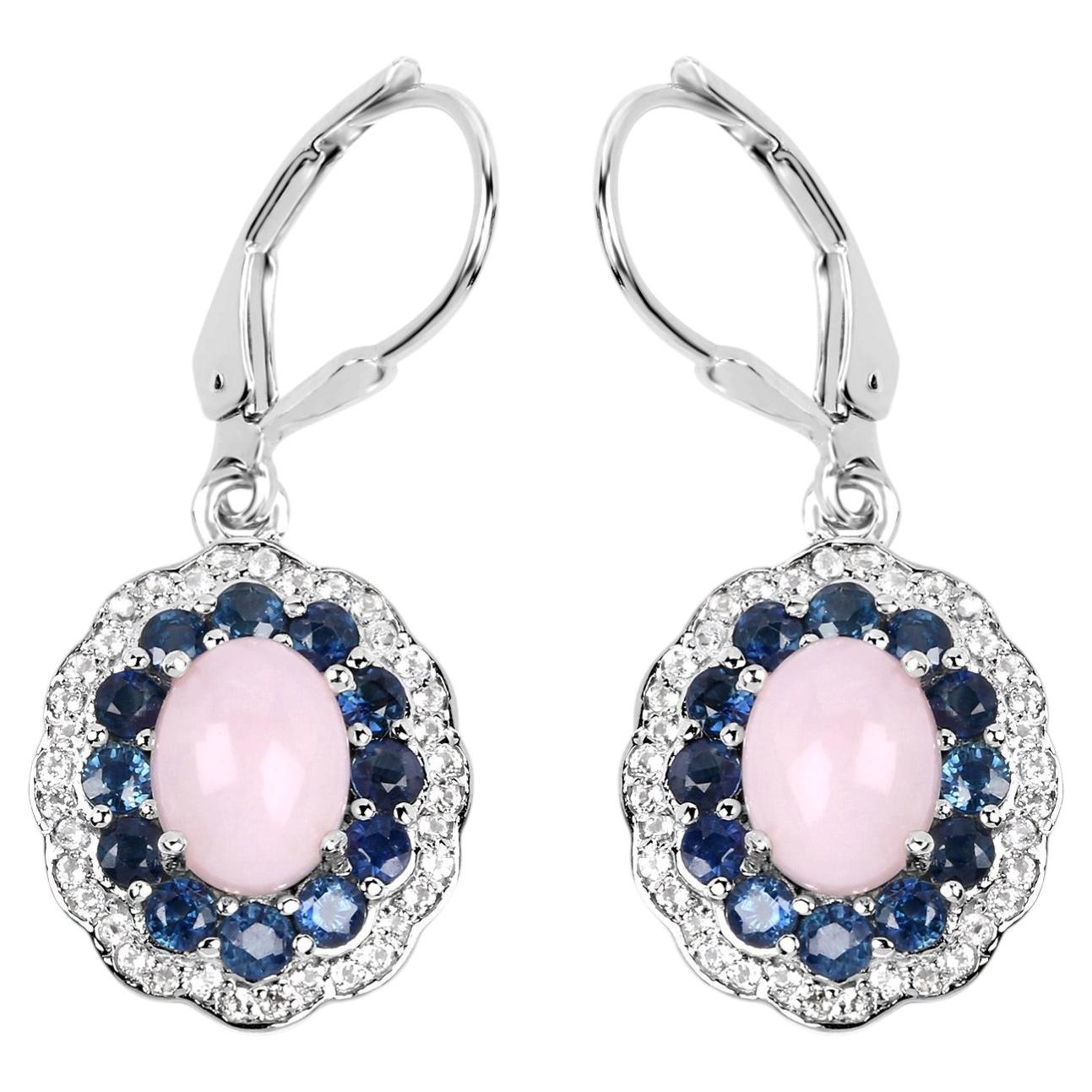 Natural Pink Opal & Blue Sapphire Dangle Earrings Rhodium Plated Silver