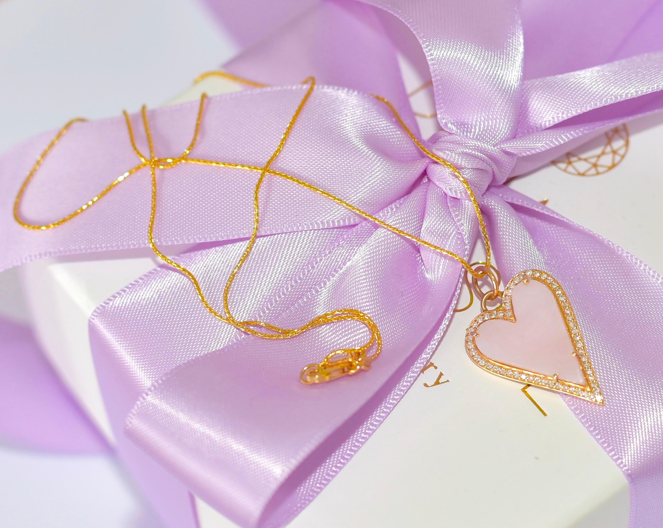 Luxurious Pink Opal Necklace is ready to wear! 
This pendant charm has a naturally carved pink opal heart in the middle that is surrounded by small diamonds! Absolutely simple and stunning! 

14K Solid Yellow Gold Baby Wheat Spiga Espiga Chain