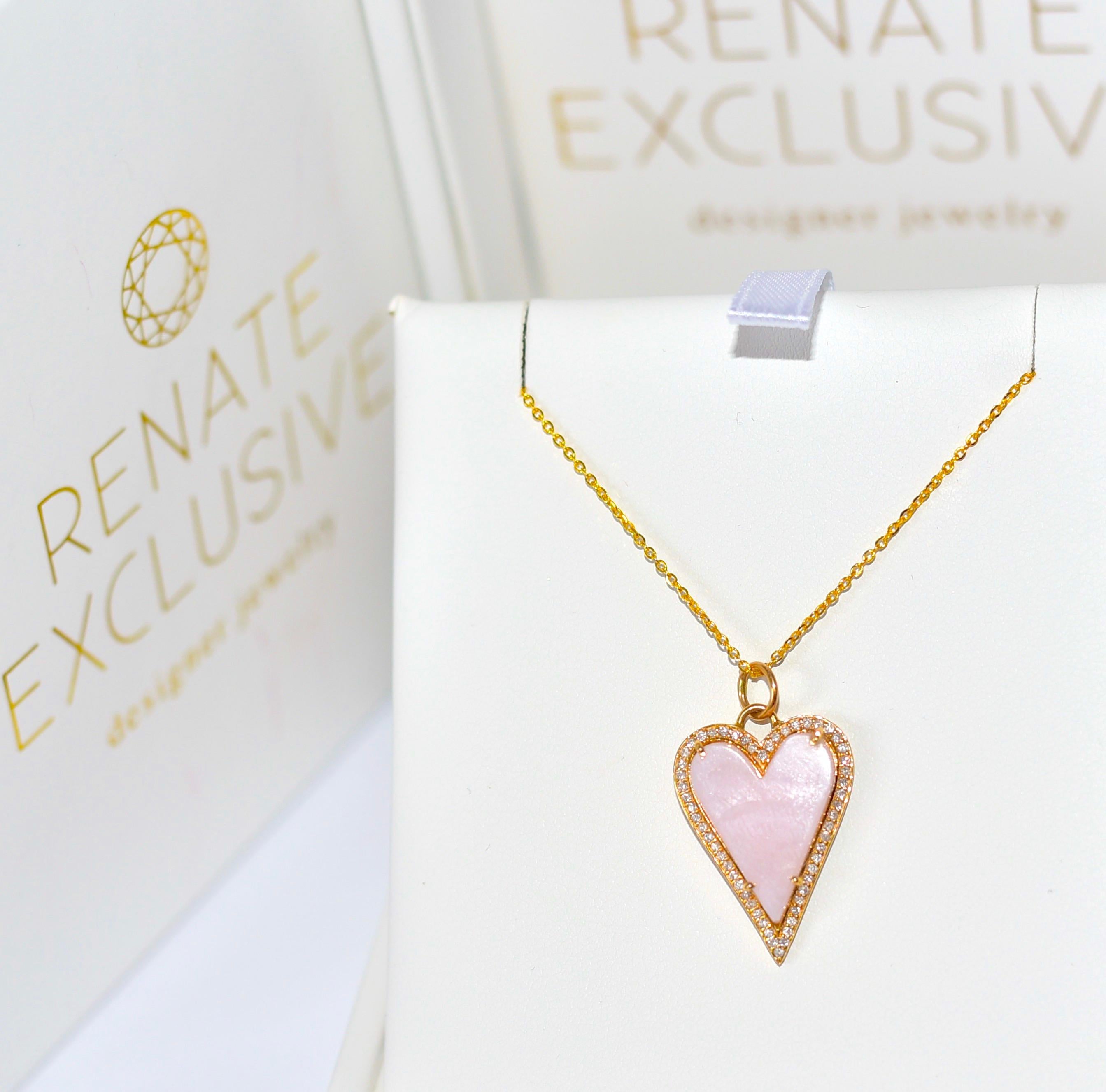 Luxurious Pink Opal Necklace is ready to wear! 
This pendant charm has a naturally carved pink opal heart in the middle that is surrounded by small diamonds! Absolutely simple and stunning! 

14K Solid Yellow Gold Baby Wheat Spiga Espiga Chain