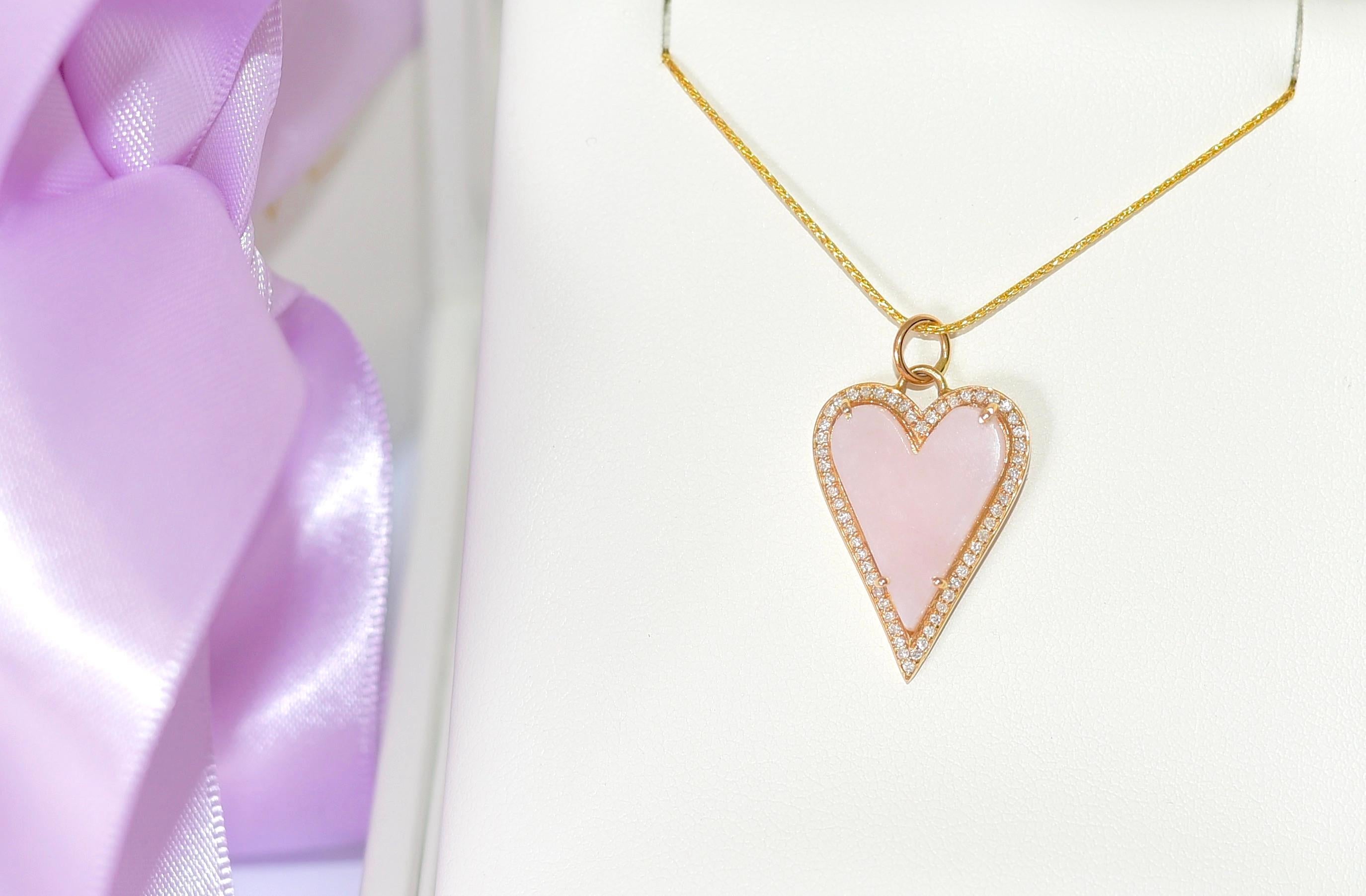 Natural Pink Opal Diamond LOVE Heart Necklace in 14K Solid Yellow Gold In New Condition For Sale In Astoria, NY