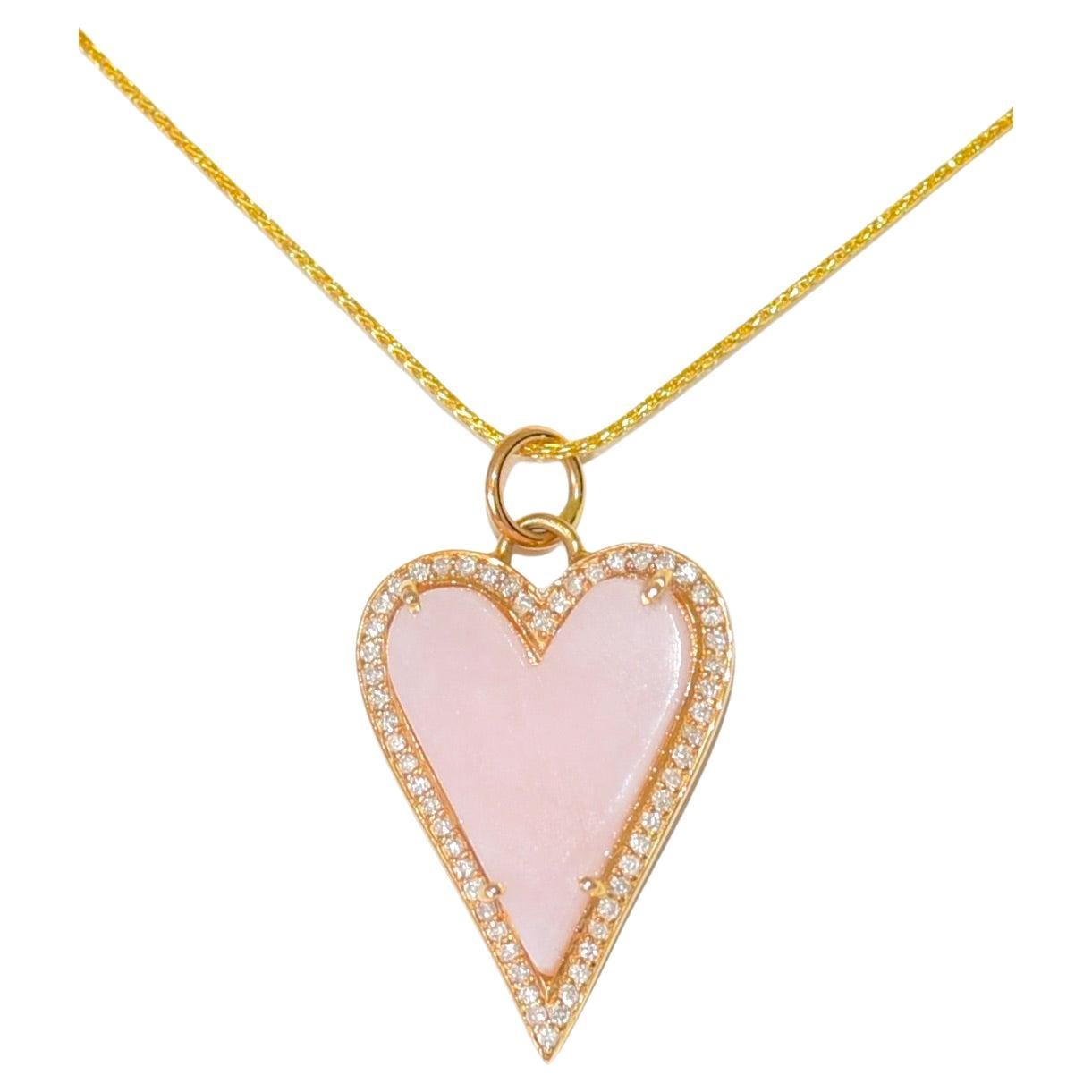 Natural Pink Opal Diamond LOVE Heart Necklace in 14K Solid Yellow Gold For Sale