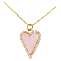 Natural Pink Opal Diamond LOVE Heart Necklace in 14K Solid Yellow Gold