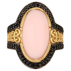 Natural Pink Opal Ring With Black Spinel 9.67 Carats Gold Plated Silver