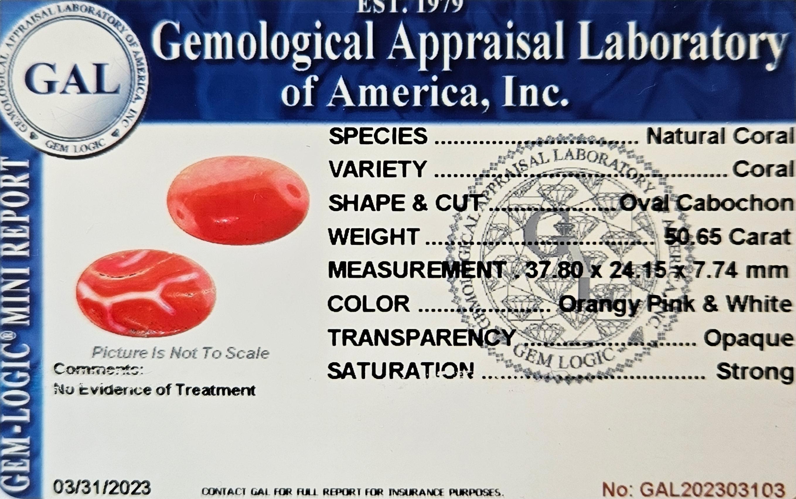 NOUVEAU et magnifique corail rose orange certifié naturel de 50,65 carats  Neuf - En vente à Warren, NJ