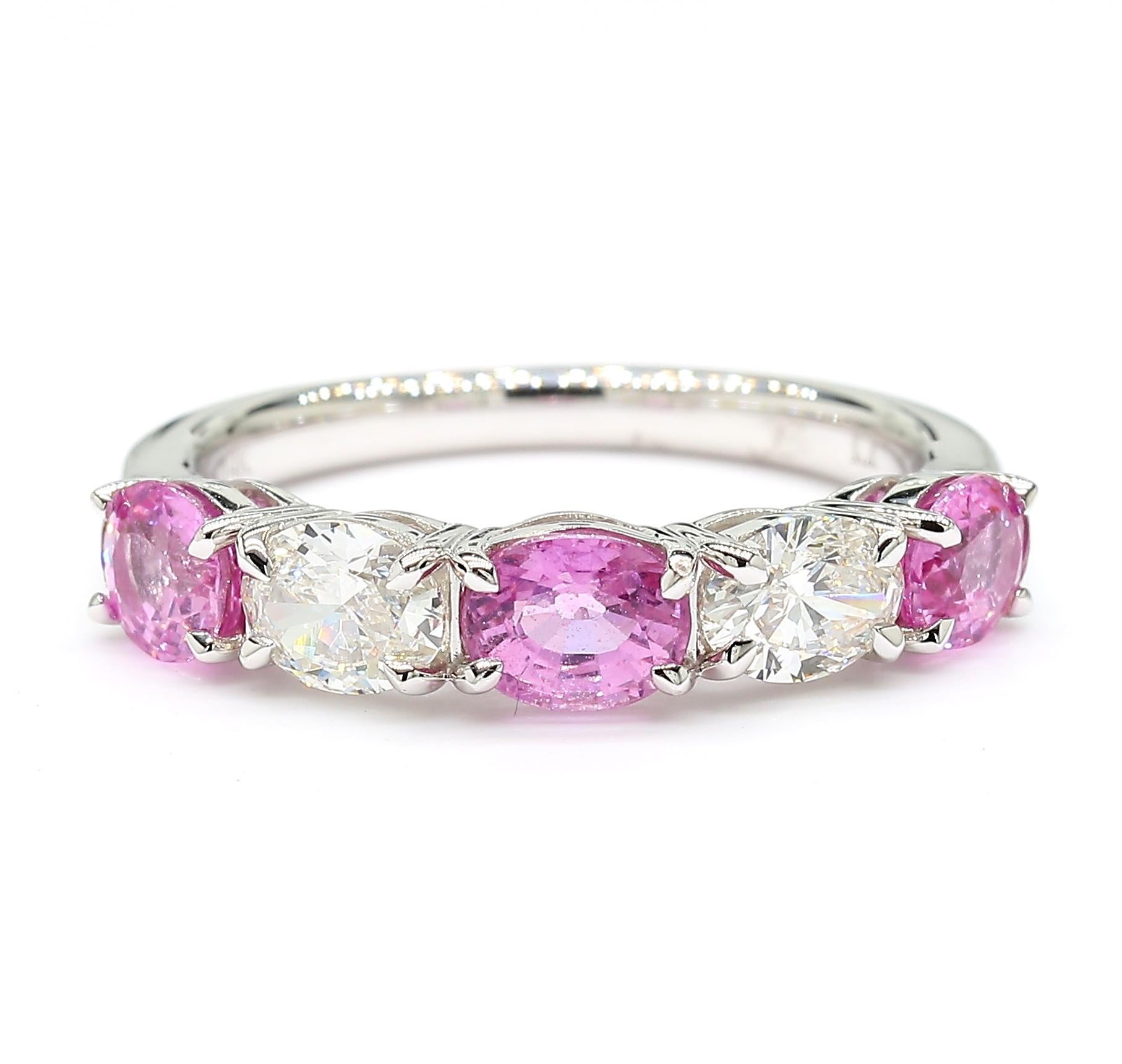 Contemporary Natural Pink Oval Sapphire and White Diamond 1.97 Carat TW Gold Wedding Band For Sale